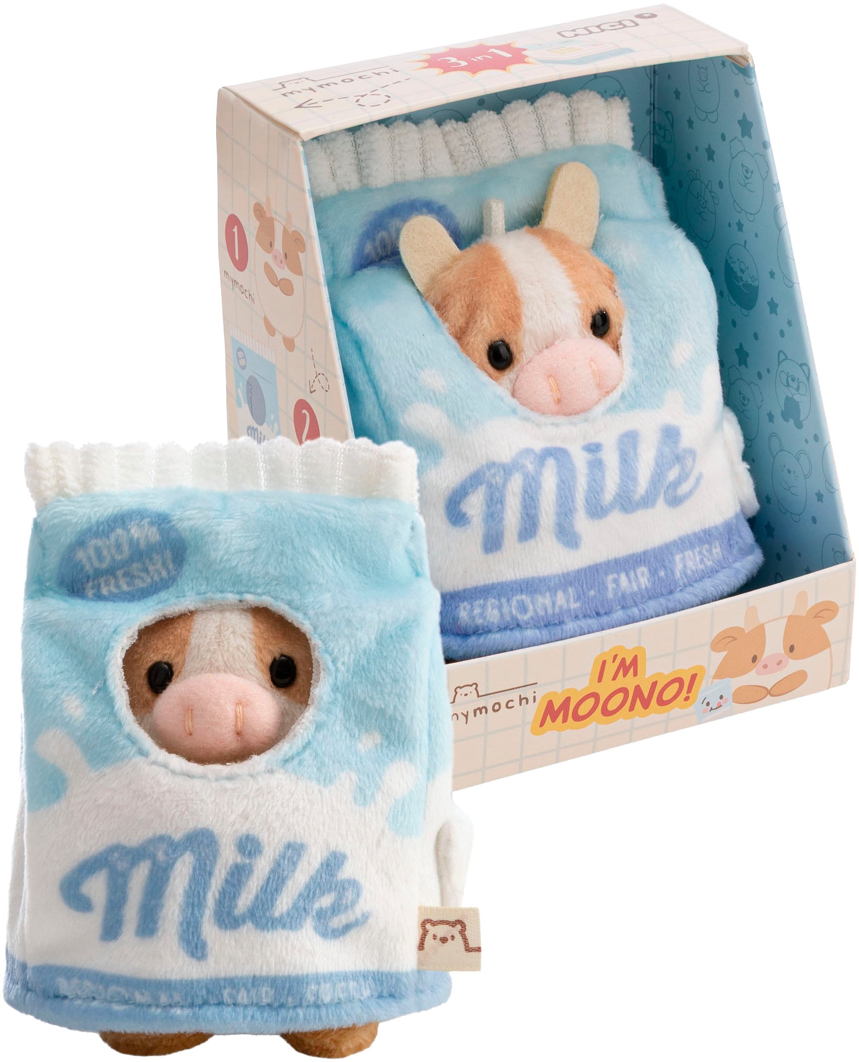Nici Kuscheltier »mymochi, Set Kuh Moono 8cm mit Milchglas & Milchtüte Kostüm« in Geschenkbox
