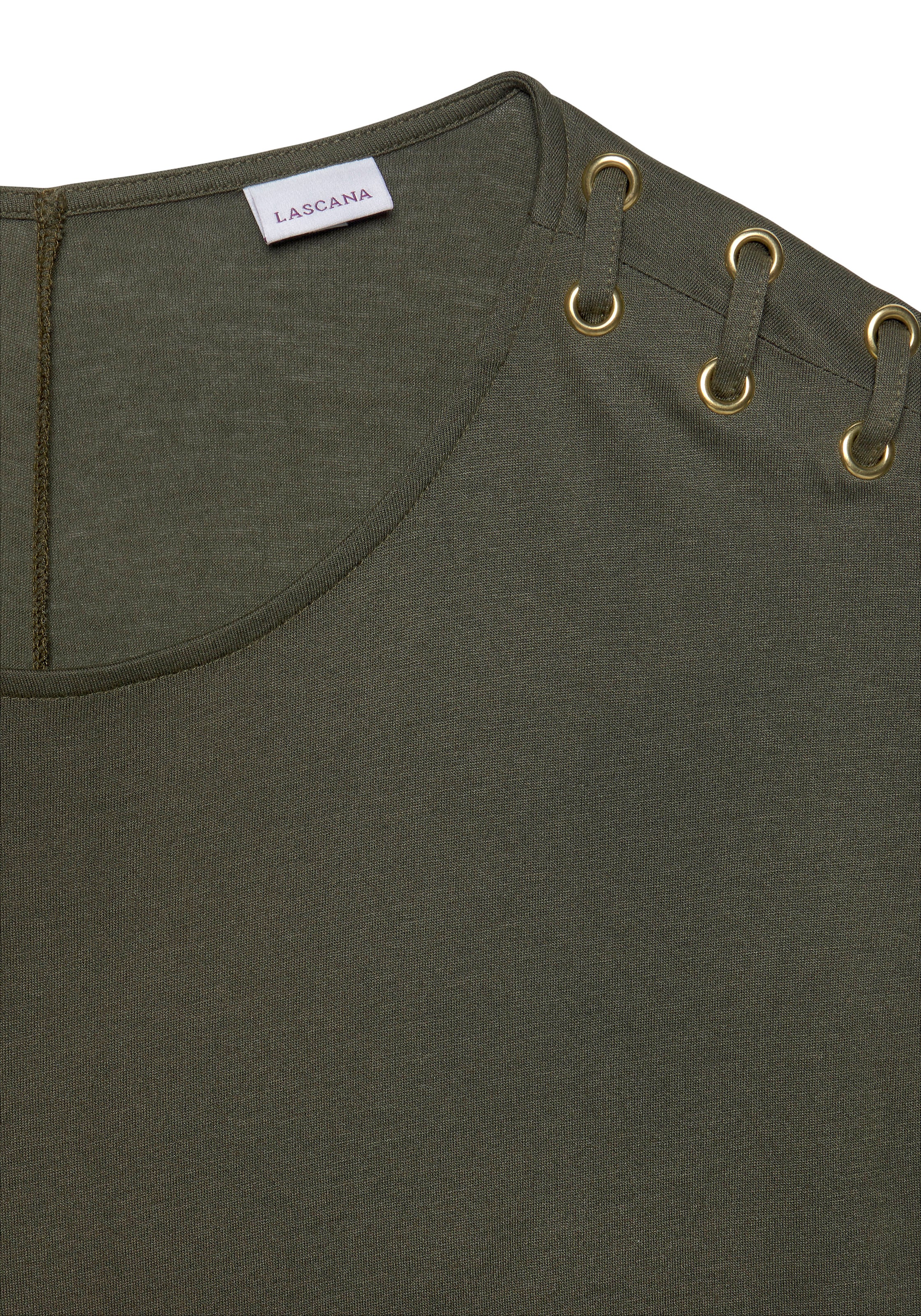 LASCANA Kurzarmshirt, mit Schnüroptik auf den Schultern, T-Shirt, weiche Jerseyqualität