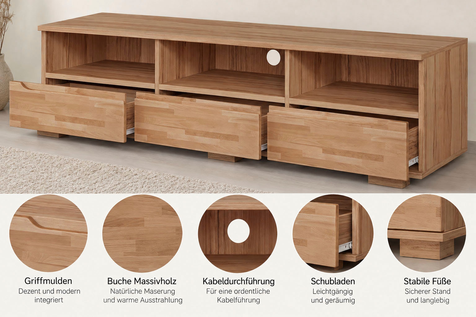 OTTO home Lowboard »VETRO Teilmassiv, Fronten Massivholz, Wohnzimmer, Stauraum,Griffmulde« B/T/H:150/40/40 cm, 3 Schubladen, 3 offene Fächer, kabeldurchführung