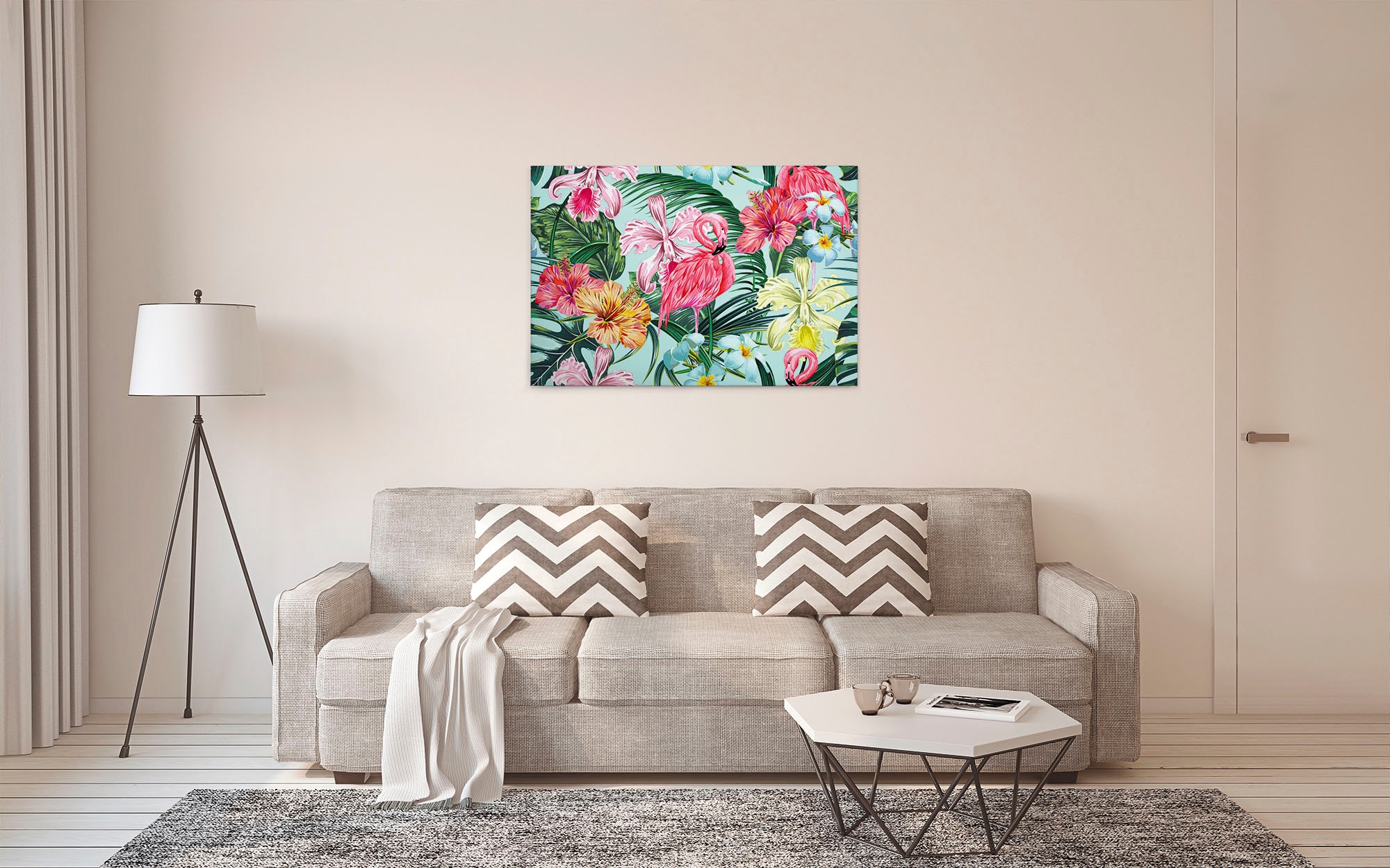 A.S. Création Leinwandbild »Flamingo Art«, Kunst-Blumen-Kinder, (1 St.), Dschungel Keilrahmen Flamingo Exotisch Hawaii Leinwand-Bild Wohnzimmer