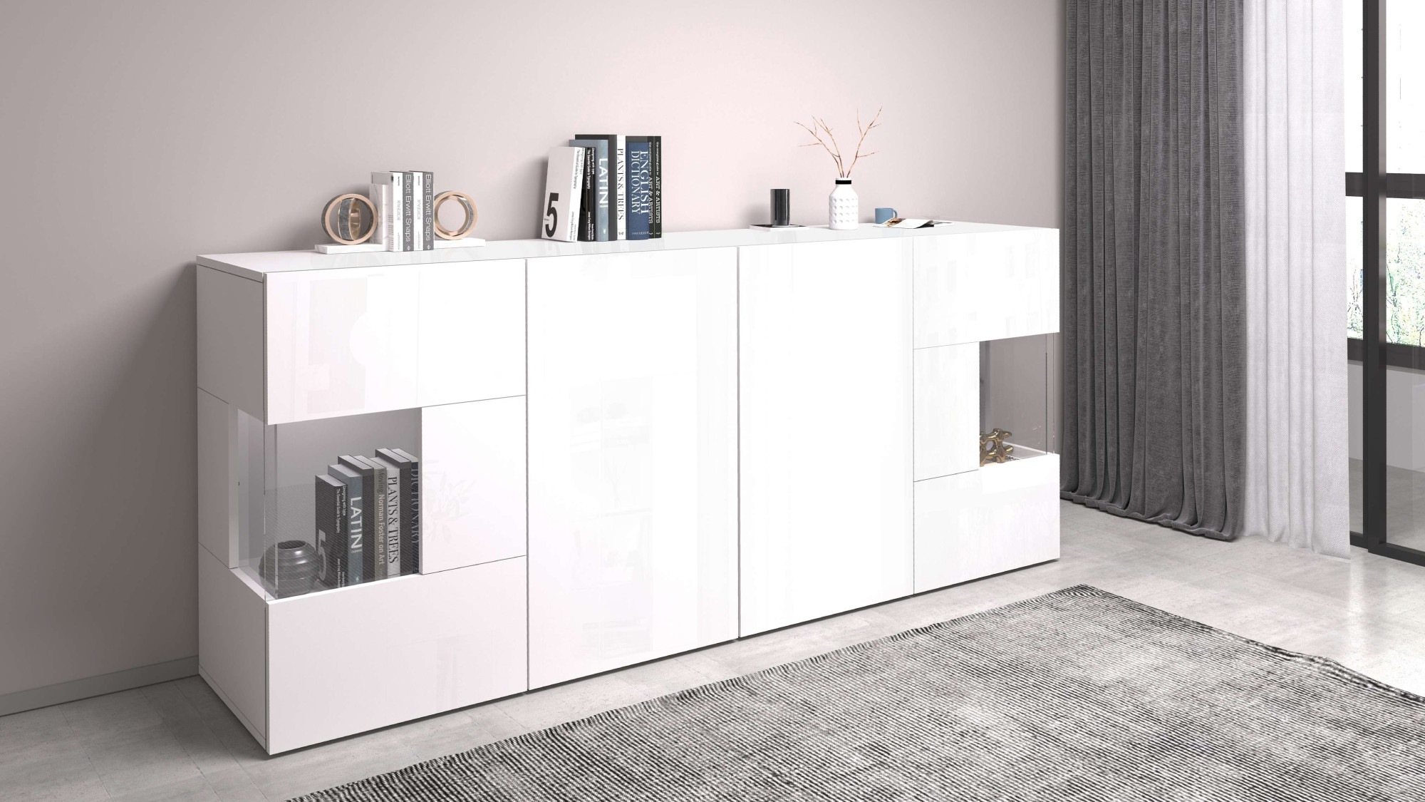 INOSIGN Sideboard »Egypt, Kommode, Schrank, Kredenz, Vitrine grifflos«, 4 Türen davon 2 mit Glaseinsatz, kompl. Hochglanz lackiert, Breite 180