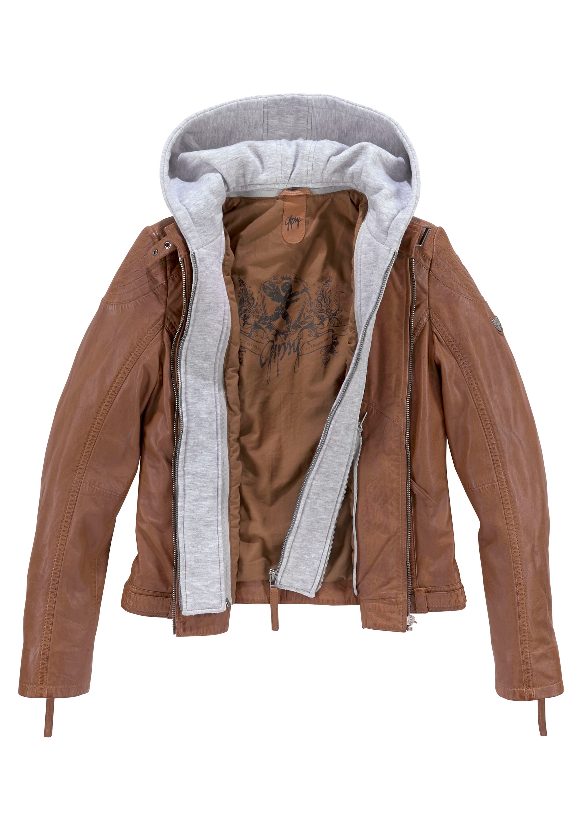 Mauritius Lederjacke »Junja«, mit Kapuze, mit abnehmbarem Kapuzen-Einsatz und aufwendigen Biker-Details