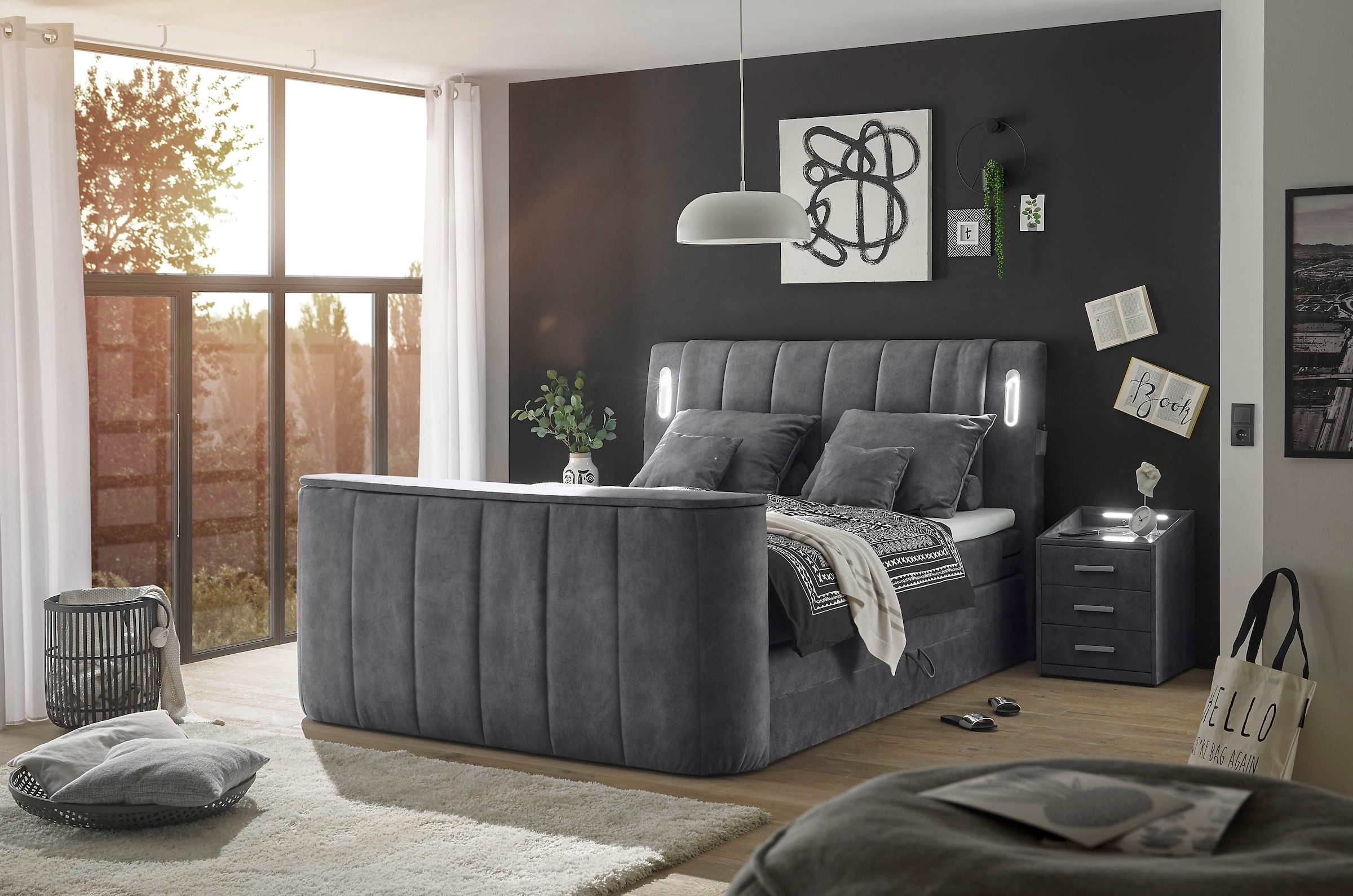 ED EXCITING DESIGN Boxspringbett »Dallas«,  inkl. Topper, LED-Beleuchtung, TV Halterung (bis 40 Zoll) und 2 Bettkästen