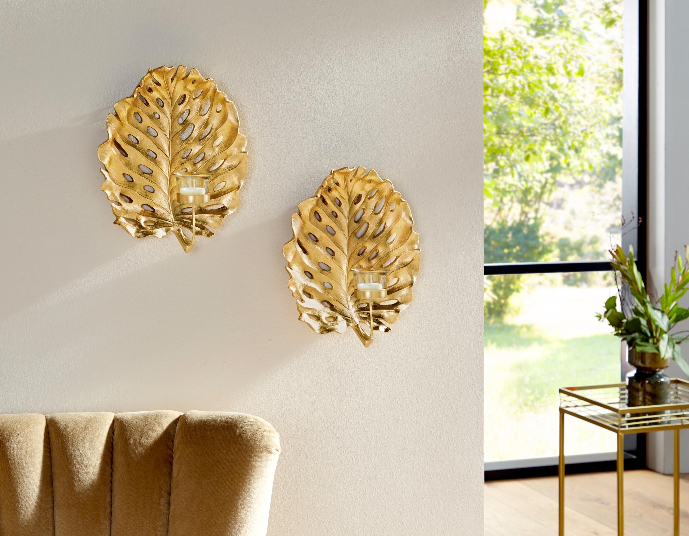 Leonique Wandkerzenhalter »Leaf, gold«, (2er-Set), modern, glamourös,  Polyresin (Kunststein), goldfarben auf Raten kaufen