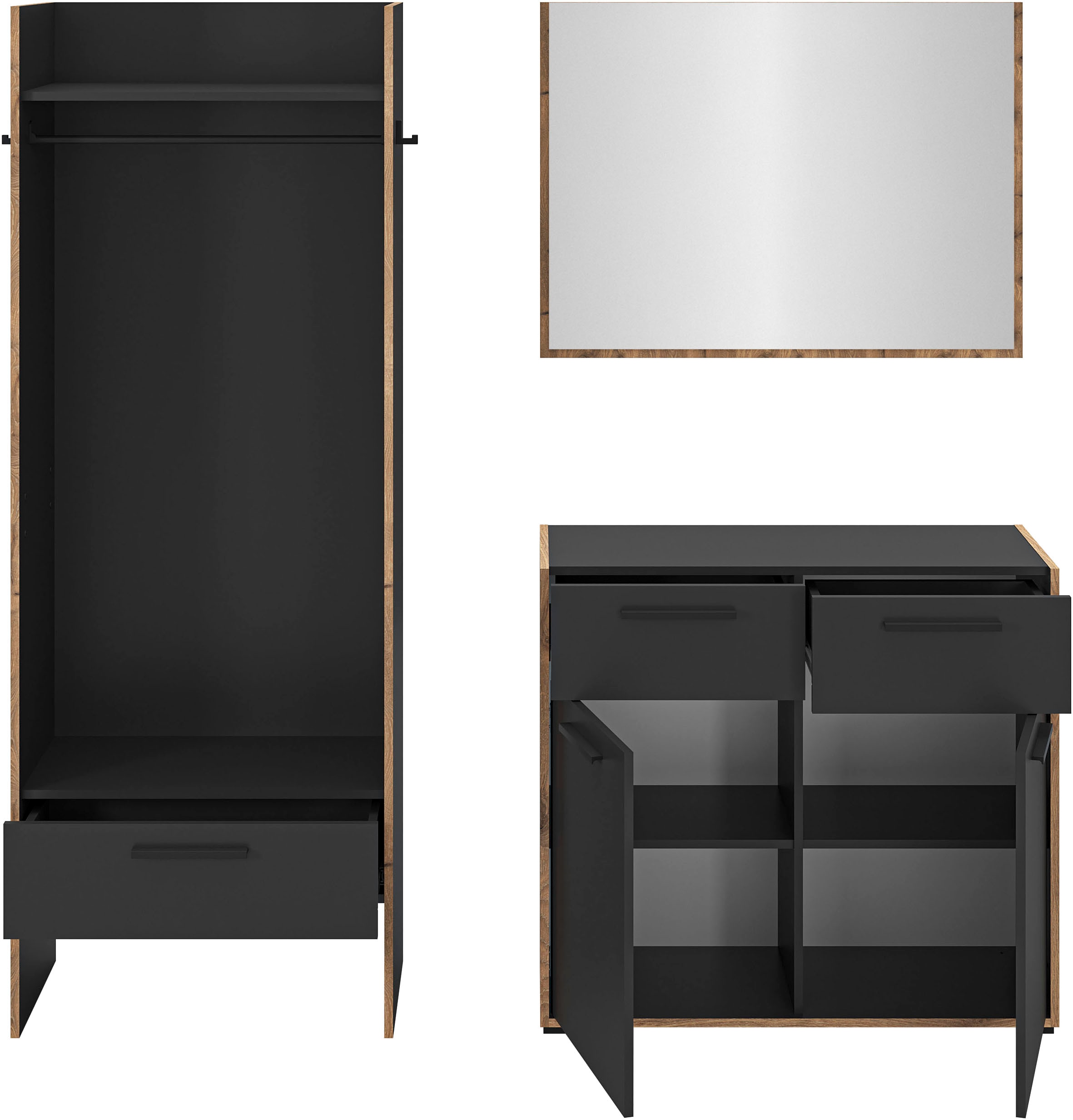 INOSIGN Garderoben-Set »MUSTA, 3-teilig: Garderobenschrank, Kommode & Garderobenspiegel«, Kombination, Kompaktgarderobe, Garderobenkombination, Garderobe