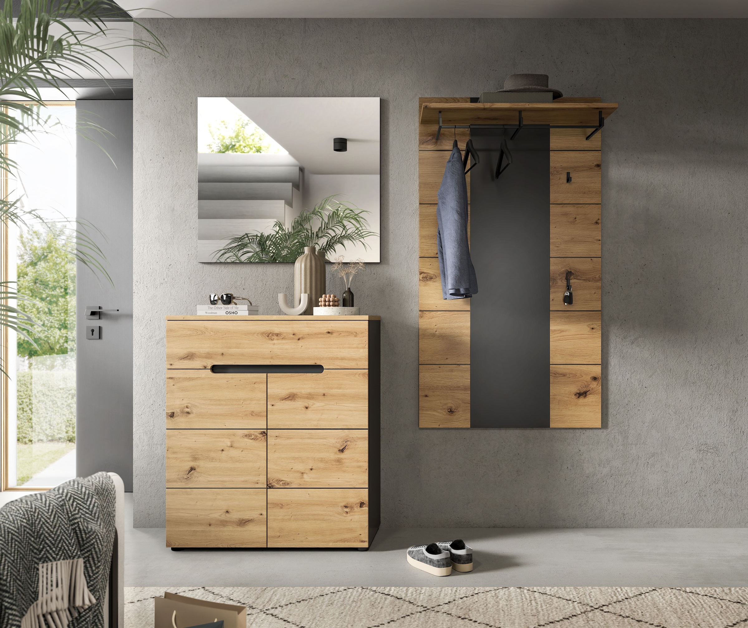 INOSIGN Garderoben-Set, (Set, 3 St., bestehend aus: Kommode, Spiegel und Garderobenpaneel), Garderobenkombination, Kombination, Set, Flurgarderobe, Diele