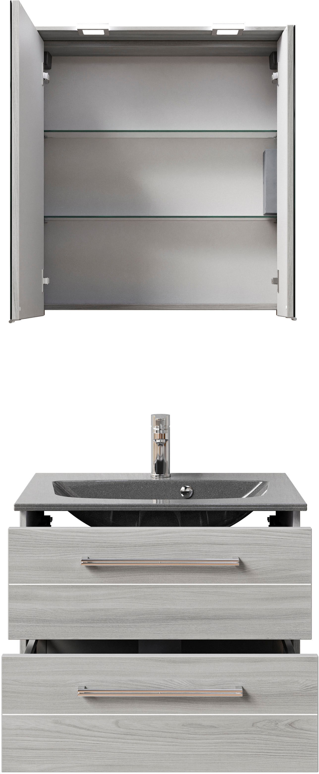 Saphir Badmöbel-Set »Serie 6025 2-teilig Mineralmarmor-Waschtisch mit LED-Spiegelschrank«, (2 St.), Waschplatz 67 cm breit, 2 Schubladen, 2 Spiegel-Türen, inkl Türdämpfer