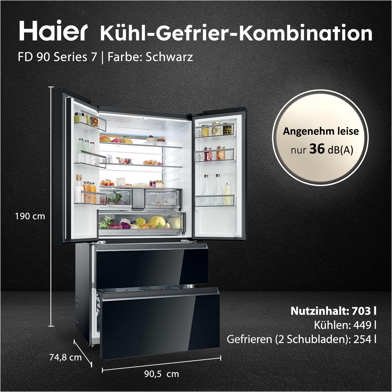Haier Kühl-/Gefrierkombination »HFR79F19DFGB« 190 cm hoch 90,5 cm breit Integrierter Eiswürfelspender mit Wassertank