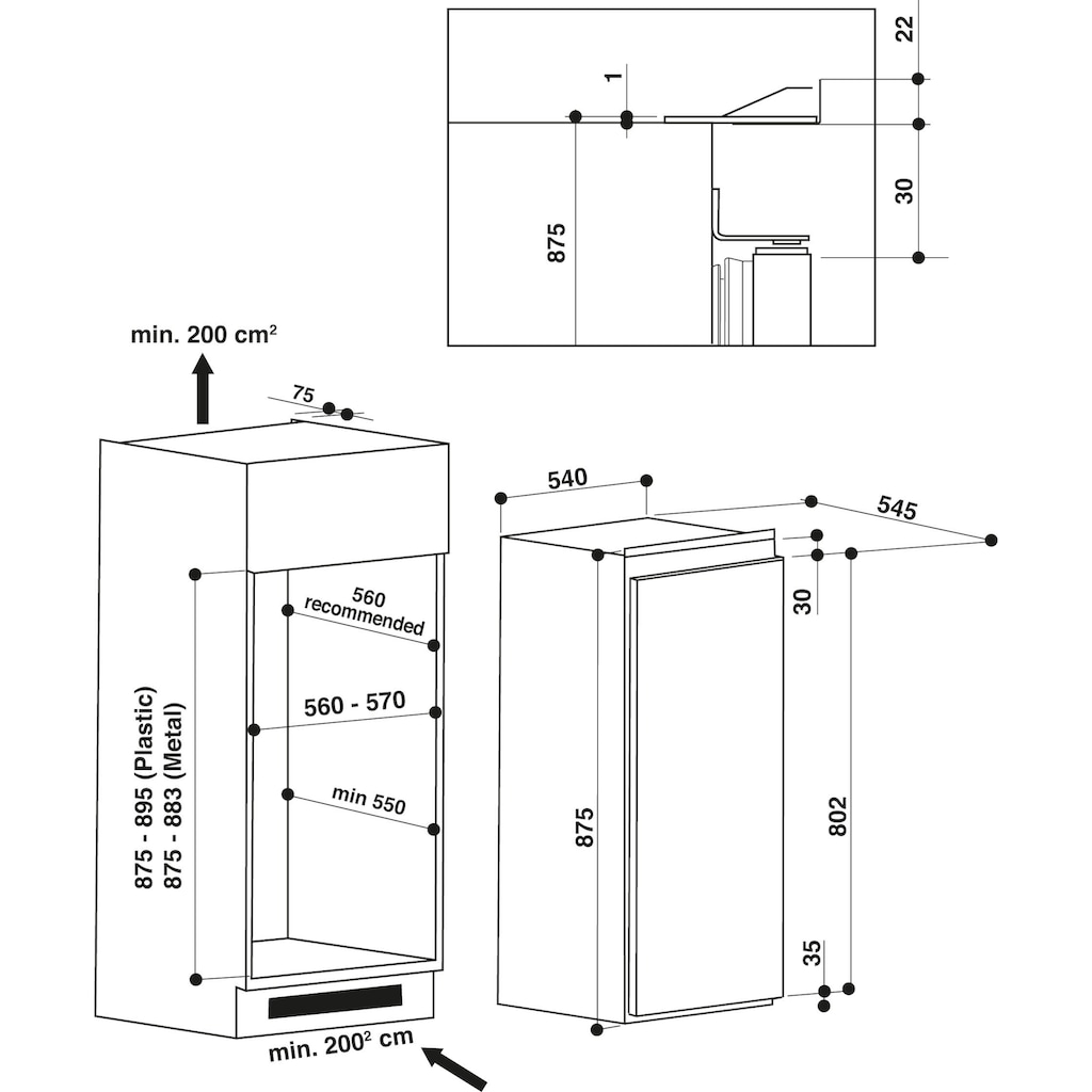 BAUKNECHT Einbaukühlschrank »KSI 9GF2«, KSI 9GF2, 87,5 cm hoch, 54 cm breit