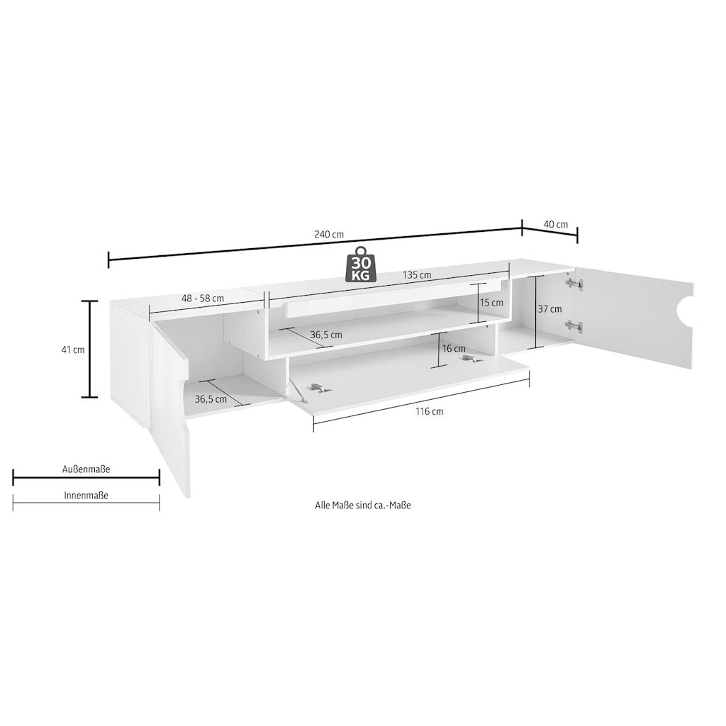 INOSIGN Lowboard »Real, Breite 240 cm,TV-Kommode, TV-Möbel, komplett Hochglanz lackiert«, mit 2 abgerundeten Türen,1 Klappe, die ein ovales offenes Fach bilden