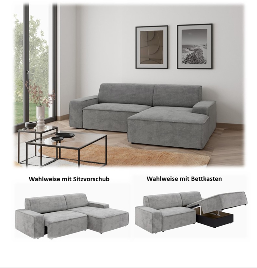 TRENDMANUFAKTUR Ecksofa »Graz, wahlweise mit Sitzvorschub und Bettkasten, L-Form, Breite 246 cm«, in Cord-, haustierfreundlichem LEO Struktur- oder LUMOS-3D-Bezug