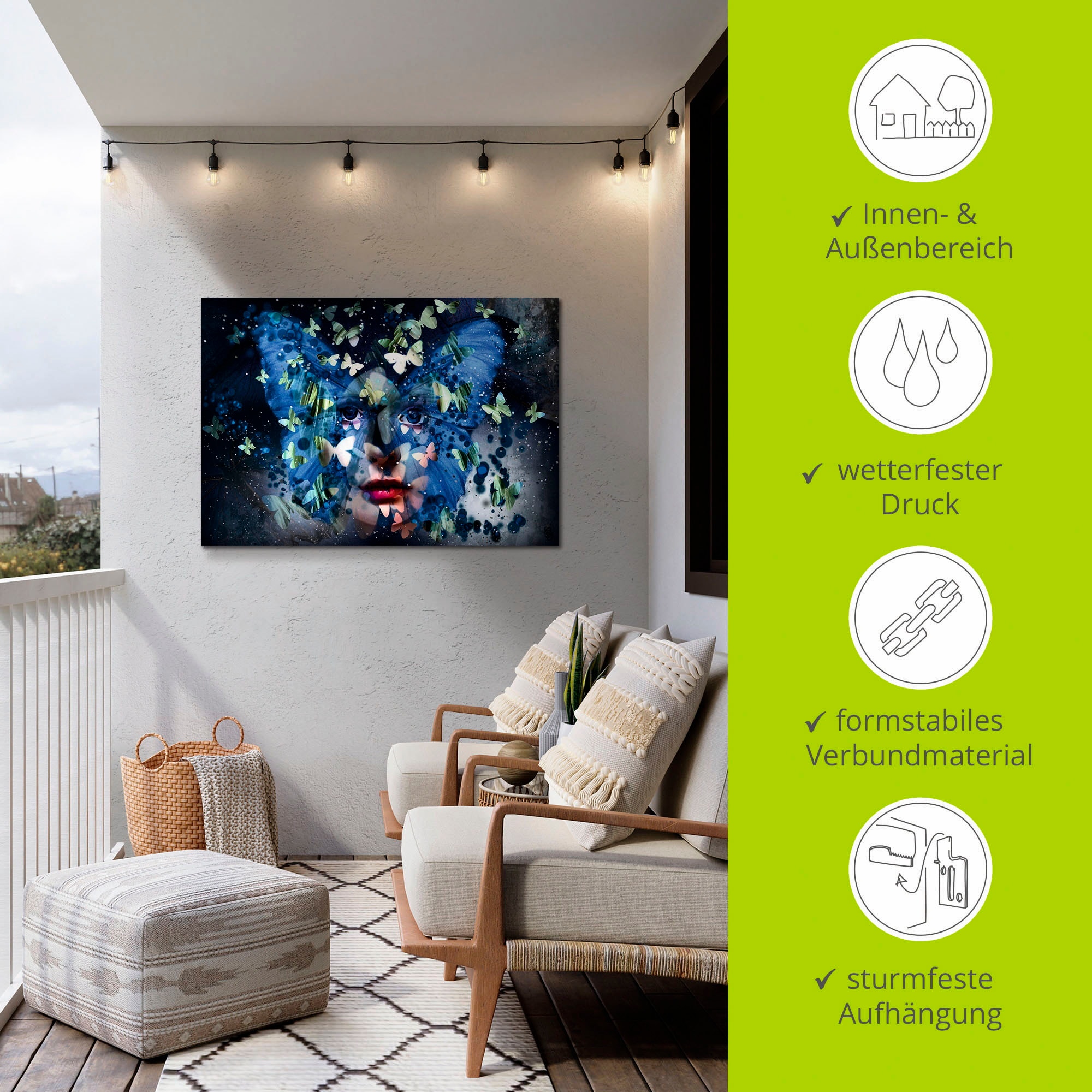Artland Alu-Dibond-Druck »Fräulein Schmetterling«, Schmetterlinge, (1 St.), für Innen- und Außenbereich geeignet, Outdoorbild