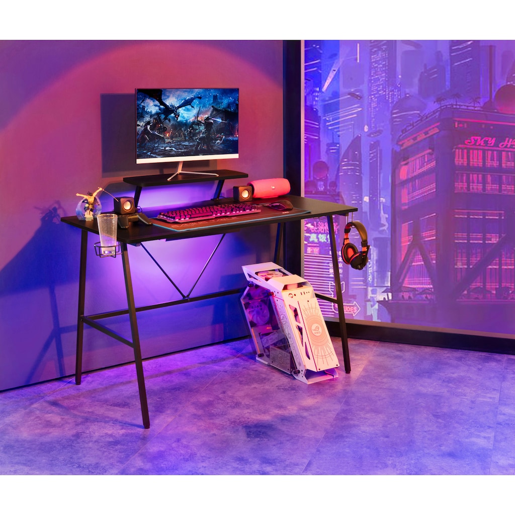 INOSIGN Gamingtisch »STREAKY, Schreibtisch, Computertisch, Kabeldurchlass, 2 Kopfhörerhaken«,Getränkehalter, Monitoraufsatz, Kabelführung, Breite 120 cm