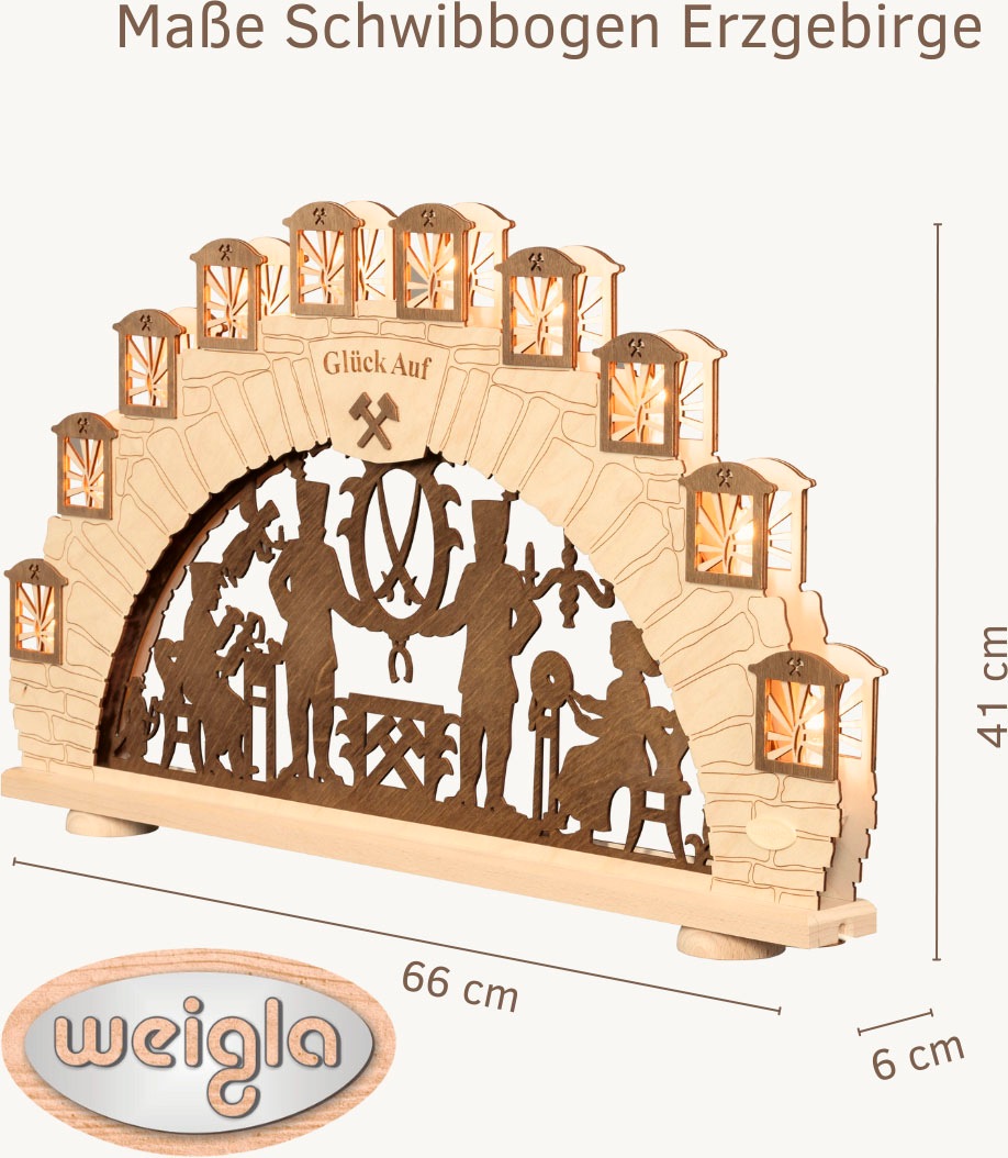 Weigla Schwibbogen »Erzgebirge, Motiv Bergmann, Lichterbogen aus Holz, NATUR-BRAUN,« 1 Stk. Erzgebirge garantiert, Weihnachtsdeko Innen, Weihnachtsbeleuchtung