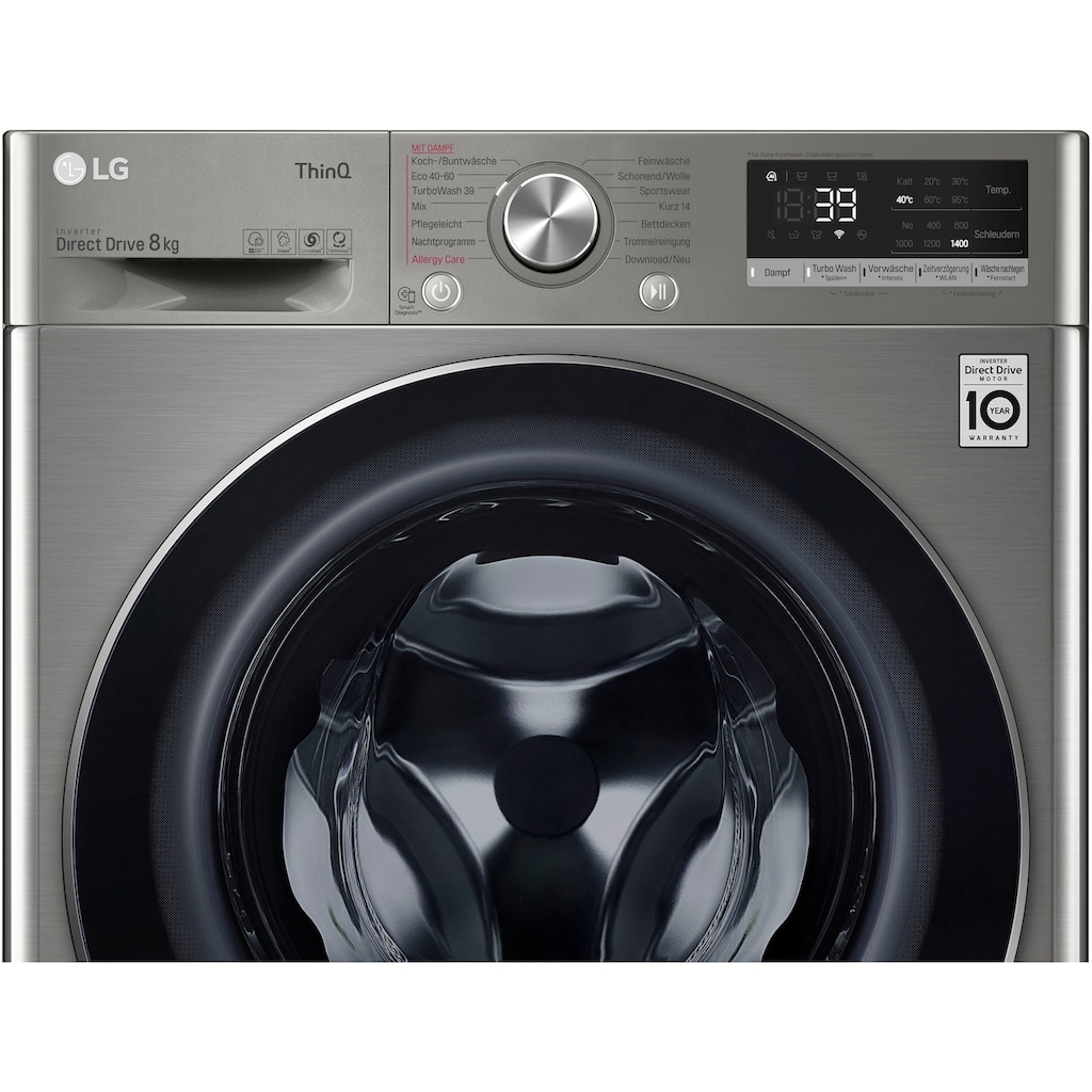 LG Waschmaschine, V708P2PA, 8 kg, 1400 U/min, TurboWash® - Waschen in nur 39 Minuten