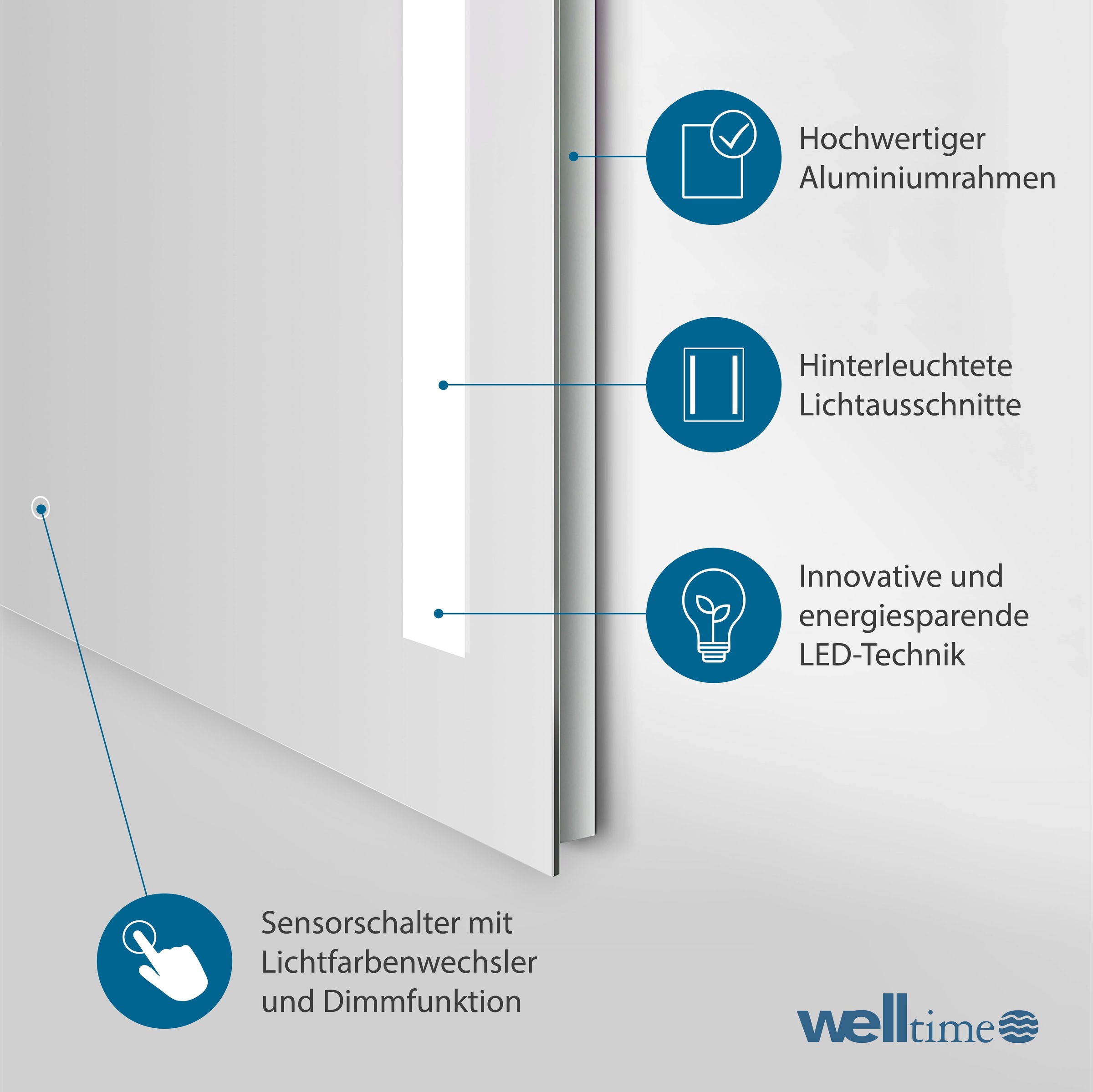 welltime LED-Lichtspiegel »Plaza«, mit Lichtfarbenwechsler und Dimmschalter, in verschiedenen Größen