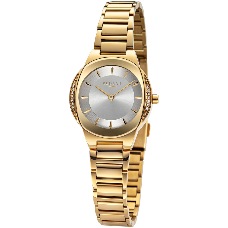REGENT Quarzuhr »F1490 - 32674591« Armbanduhr, Damenuhr, Glassteine, Edelstahlarmband goldfarben Edel wirkende Damenarmbanduhr