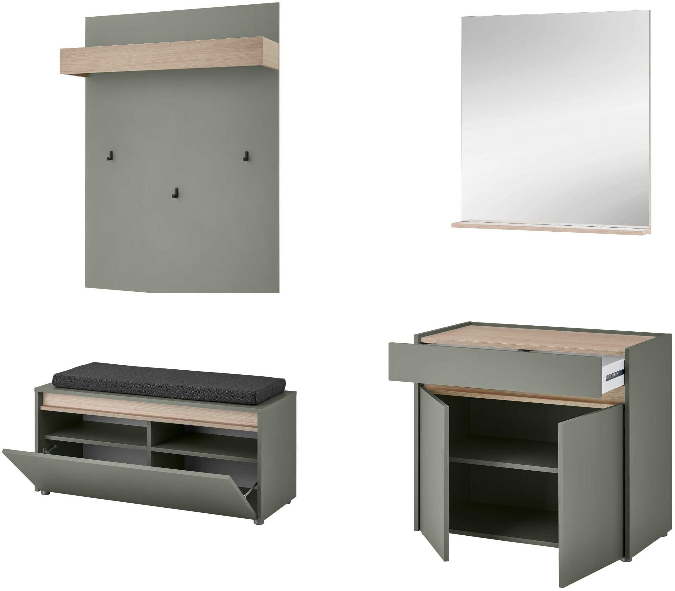 INOSIGN Garderoben-Set »GIRON/CiTY, moderne Garderobe, Komplettset mit viel Stauraum«, (Komplett-Set, 4 St.), enthält Kommode, Spiegel, Paneel & Schuhbank +Sitzkissen, 190 cm breit