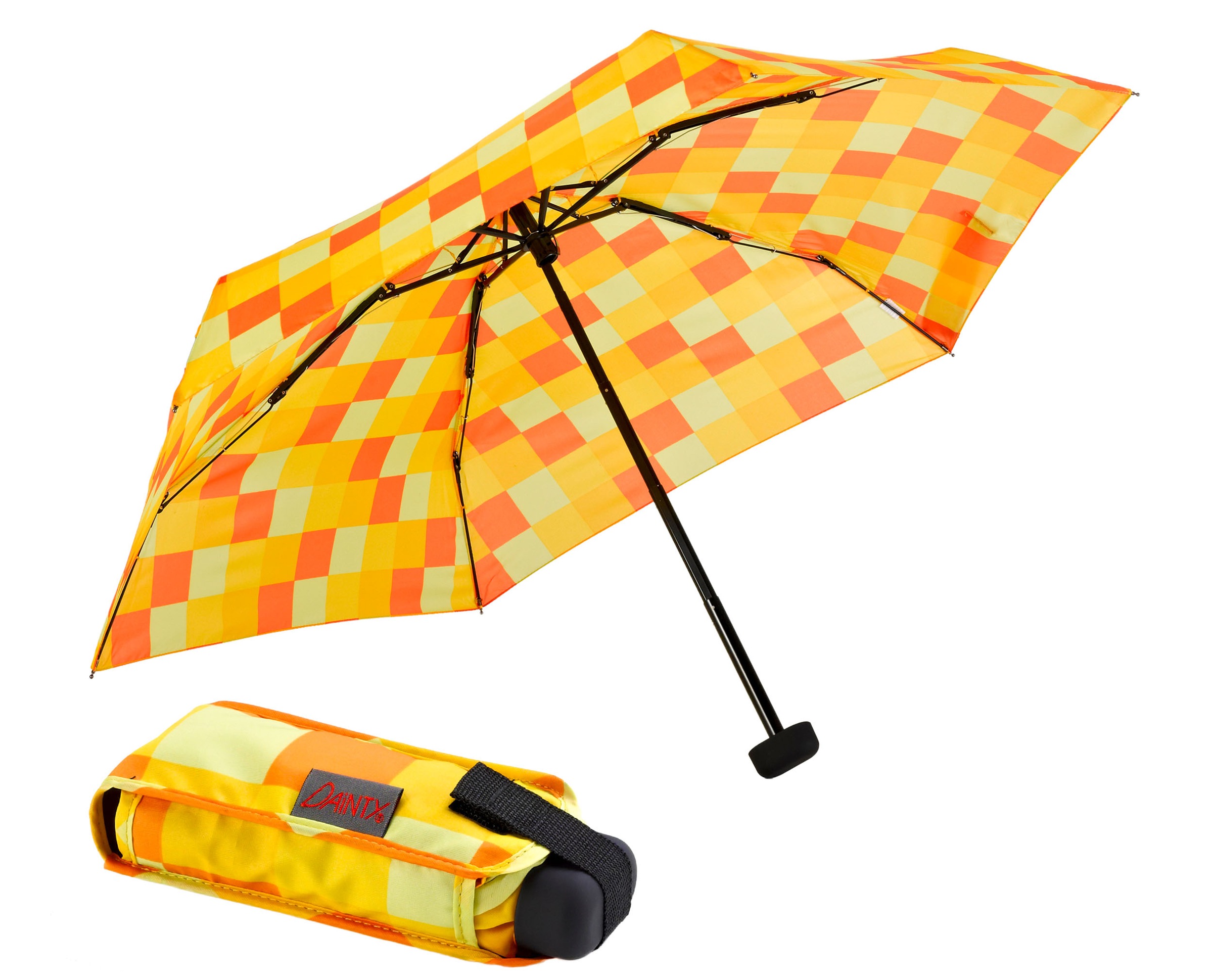 EuroSCHIRM® Taschenregenschirm »Dainty, Karo gelb orange«, kariert, besonders leicht, super flach und extra klein