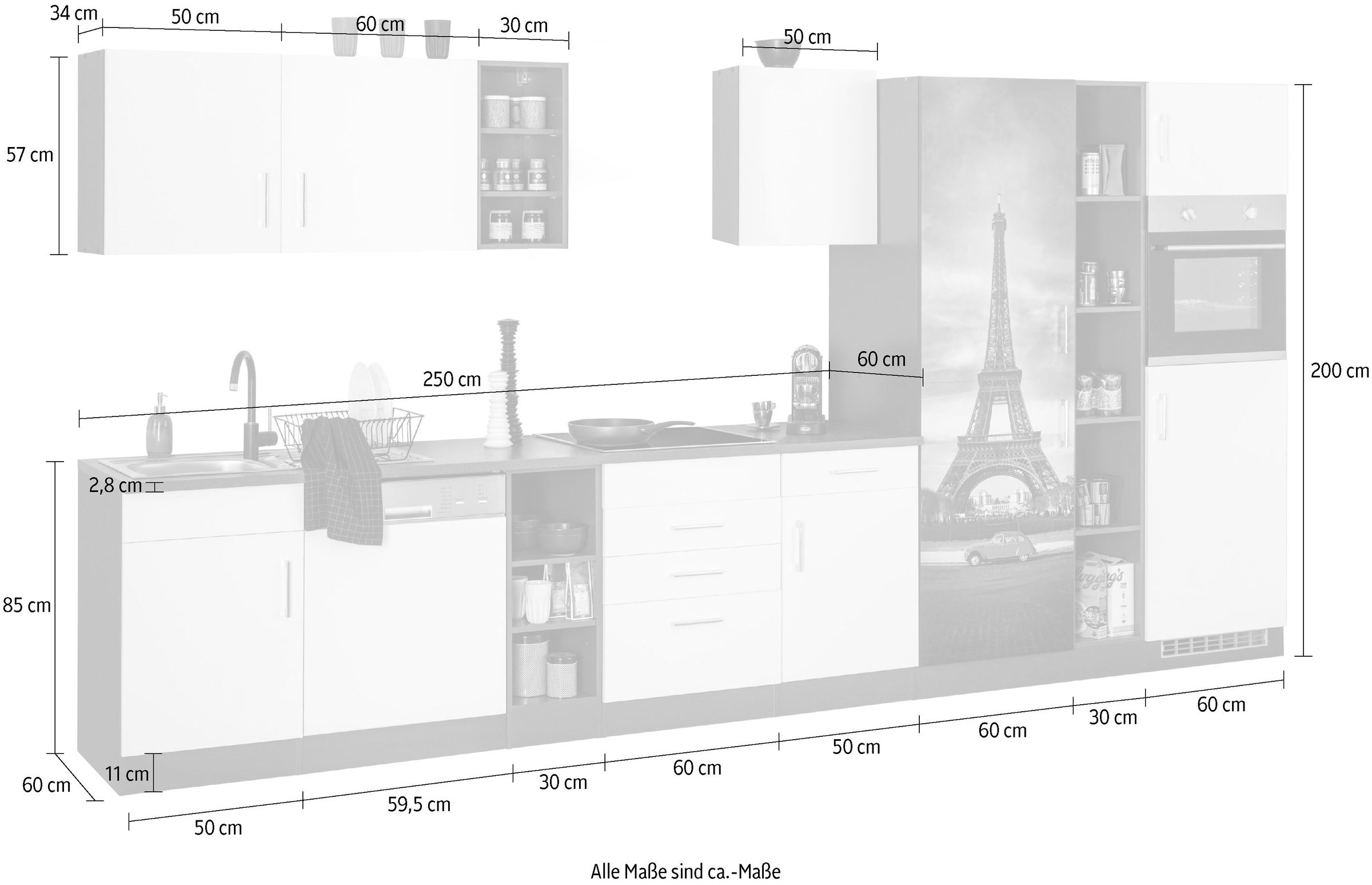 HELD MÖBEL Küchenzeile »Paris«, ohne E-Geräte, Breite 400 cm