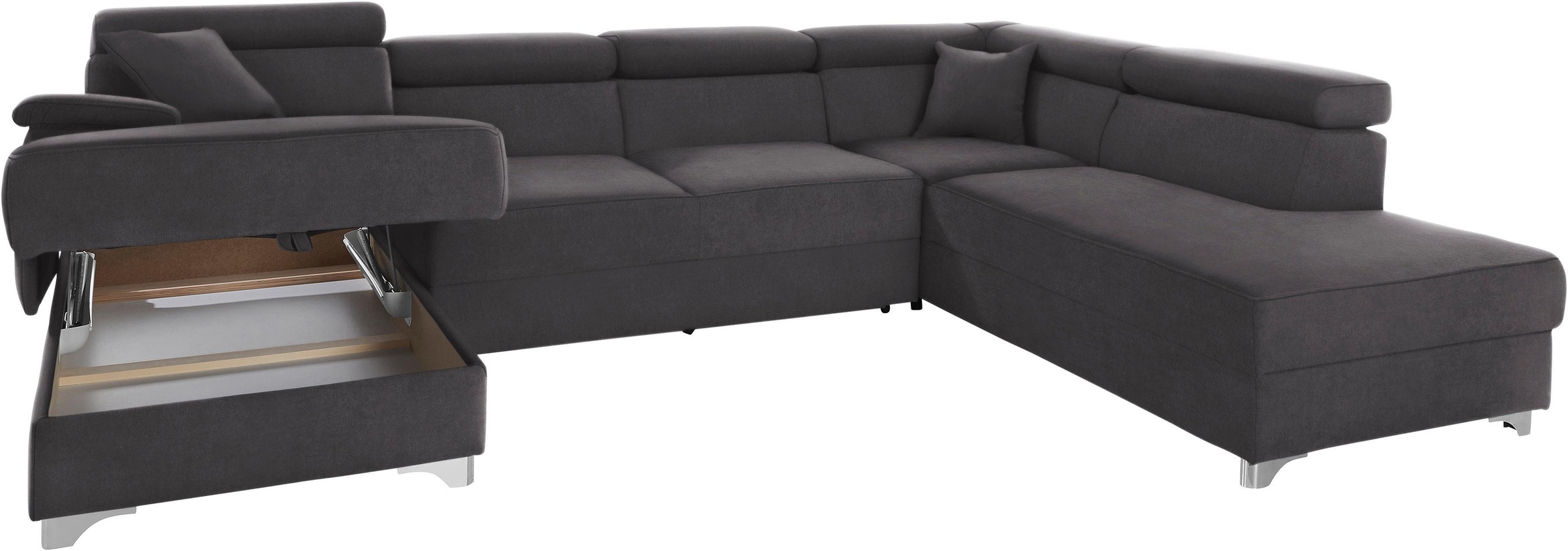 DOMO collection Wohnlandschaft »Mira, inklusive Kopfteilverstellung für mehr Wohlfühlkomfort, U-Form«, wahlweise mit Bettfunktion und Bettkasten, elegant und modern