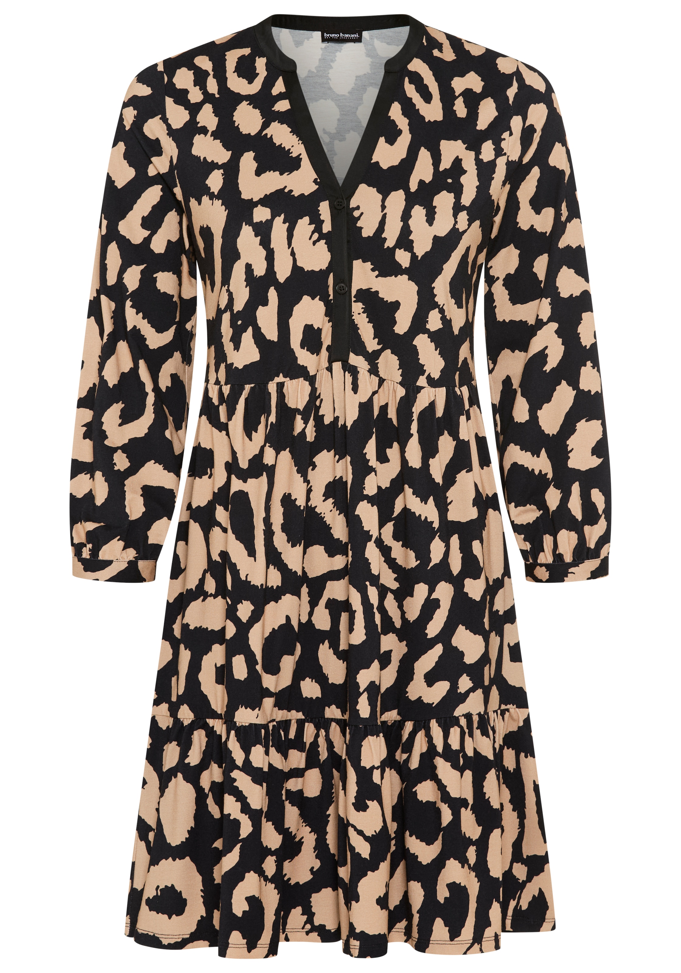 Bruno Banani Jerseykleid »mit Satin-Ausschnitt und Stufenrock« Ohne Taschen im Animal-Look, kniefrei, 3/4 Ärmel