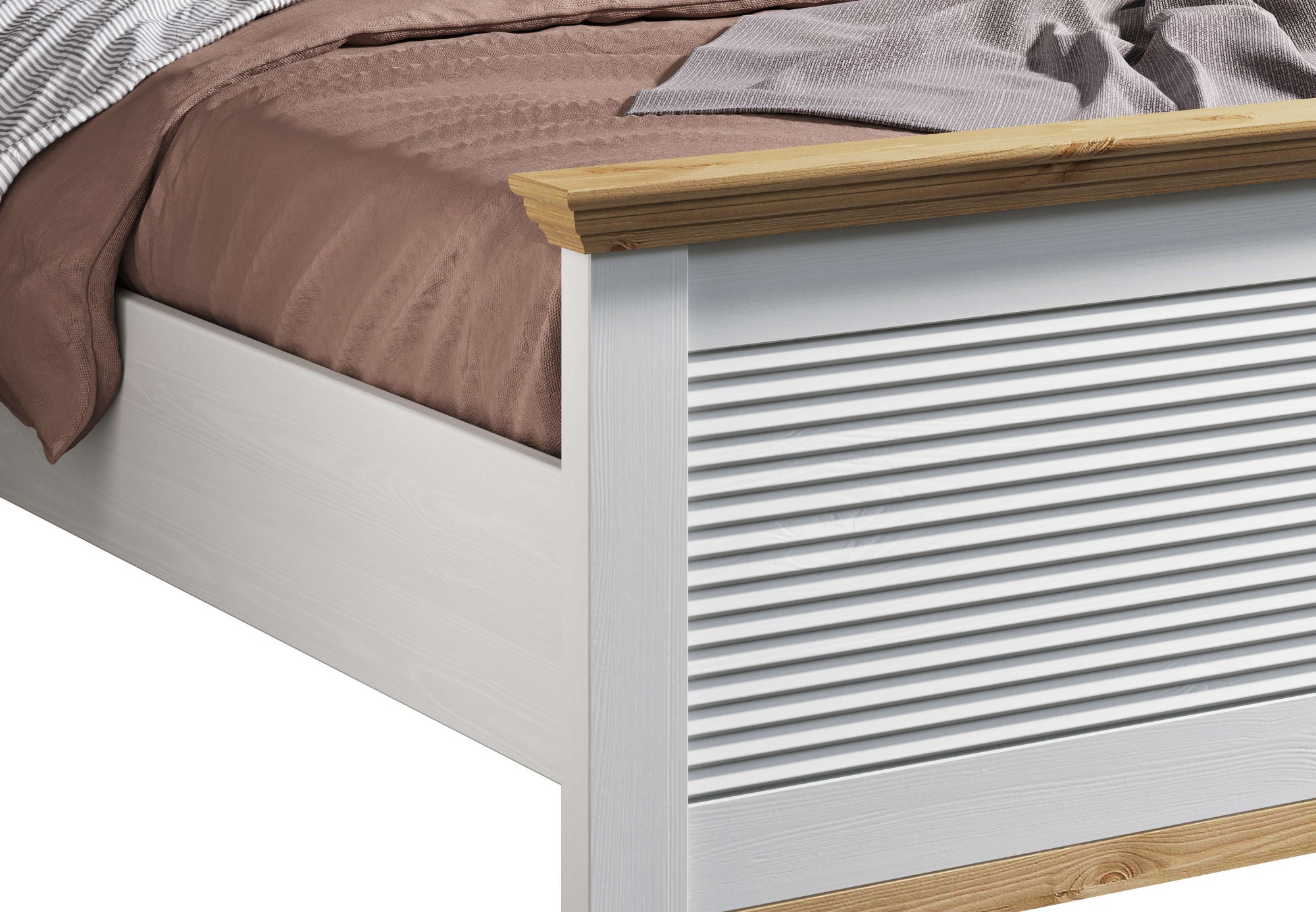 Home affaire Bett »Rauna, Landhausstil, edles Design mit Lamellen und Kassetten, 2 Farben«, (Breite/Belastbarkeit 180cm=220 KG, 90cm=120KG), FSC® zertifiziertes Kieferholz, massive Qualität mit Lattenrost