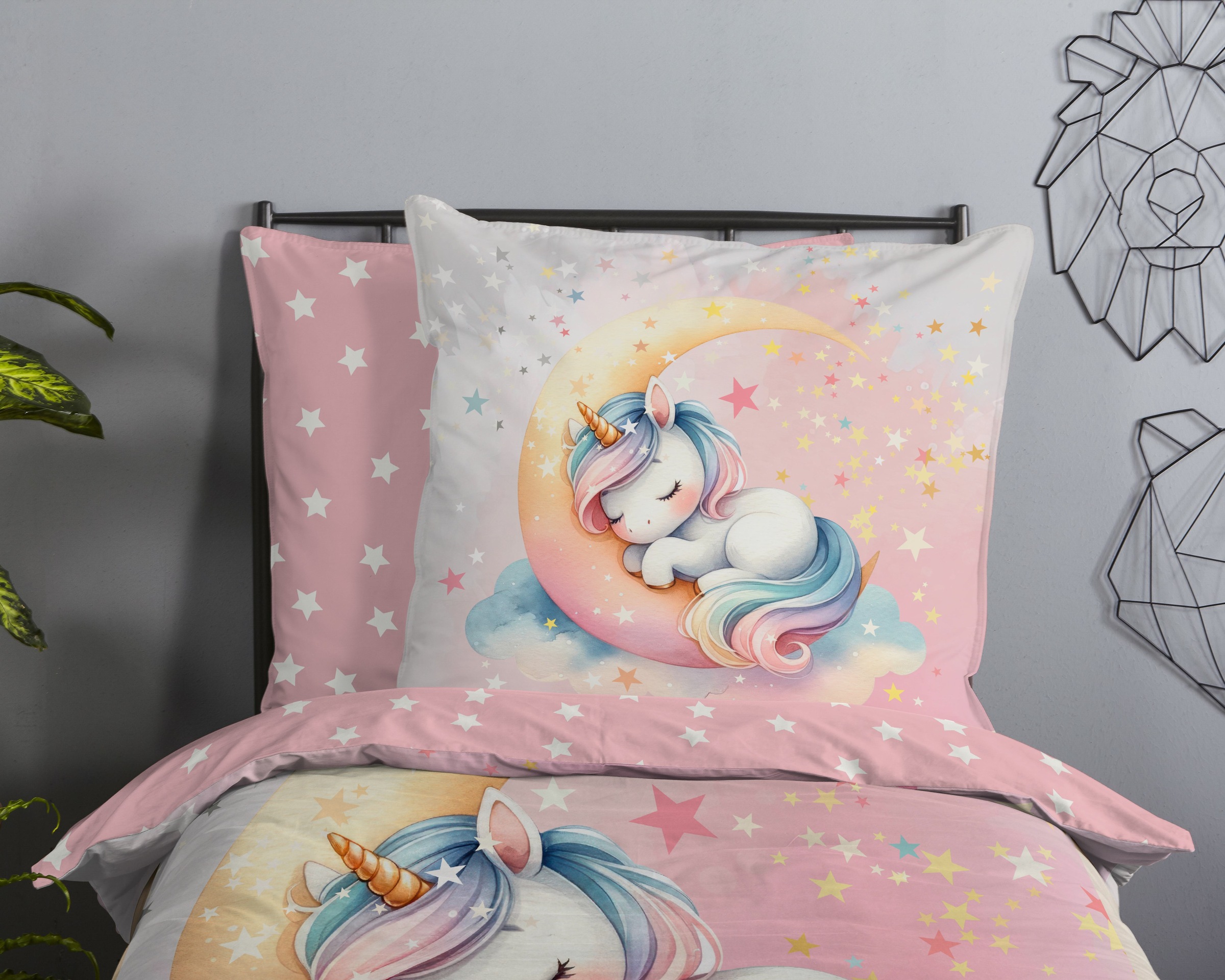 good morning Kinderbettwäsche »Molly«, Baumwolle, Renforcé, Wendeoptik, Kind, Mädchen, Mond, Einhorn