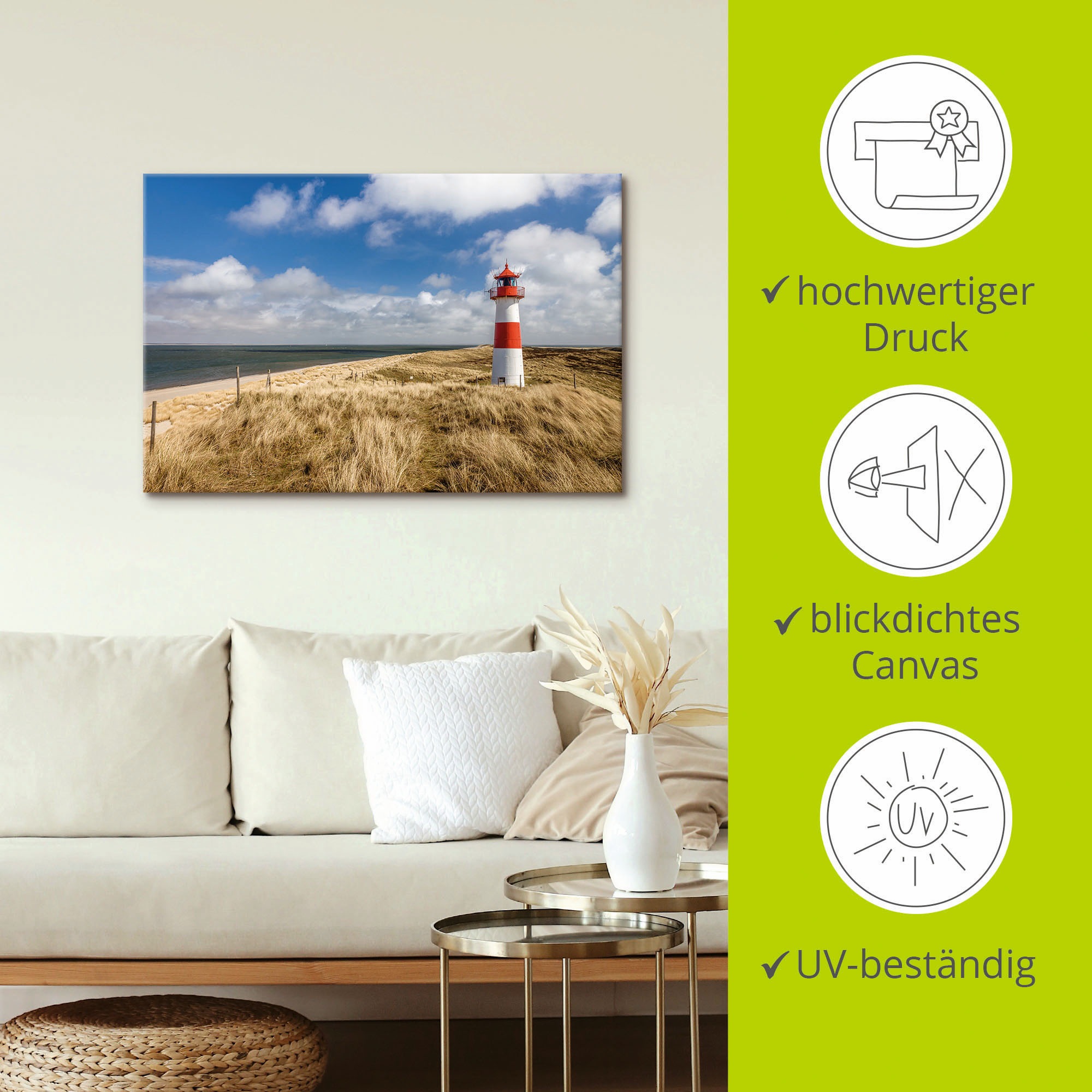 Artland Wandbild »Leuchtturm List-Ost auf Sylt Deutschland«, Gebäude, (1 St.), als Alubild, Leinwandbild, Wandaufkleber oder Poster in versch. Größen