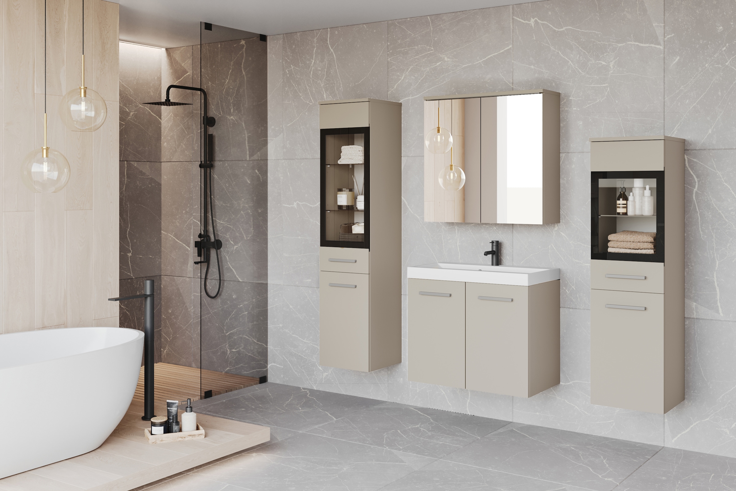 welltime Badmöbel-Set »MADRIT II, Schrank mit Waschbecken, 2 Hänger, Spiegelschrank«, (Komplett-Set, 5 St.), Hängende Badmöbel mit Glaseinsätzen – in vielen Farben erhältlich