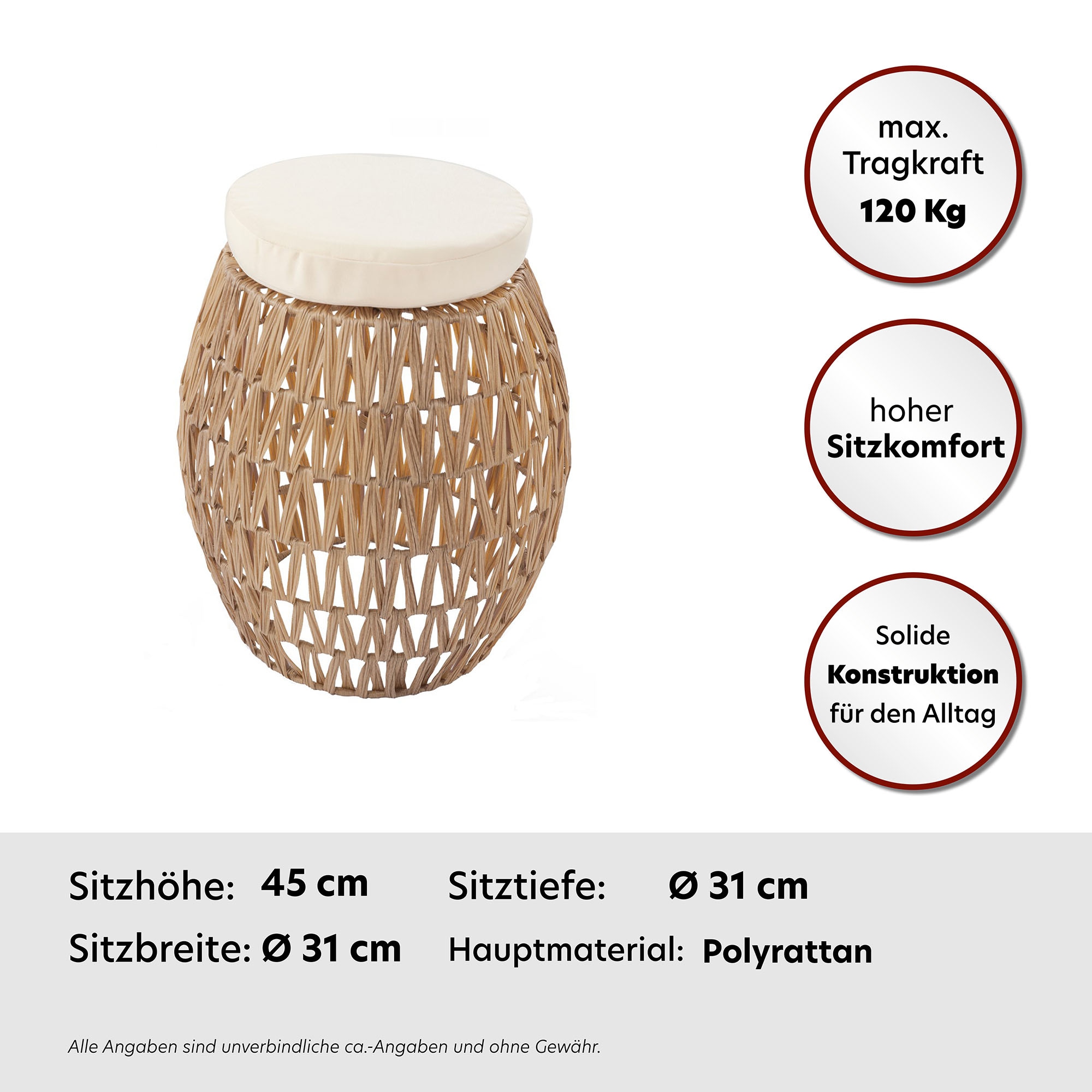 Kayoom Rattanstuhl »Stuhl / Hocker Alba Hellbraun, 2er-Set Rattan-Hocker, Bast-Optik«, 1 St., Unikat, in Handarbeit gefertigt, Sitzfläche mit dickem Kissen