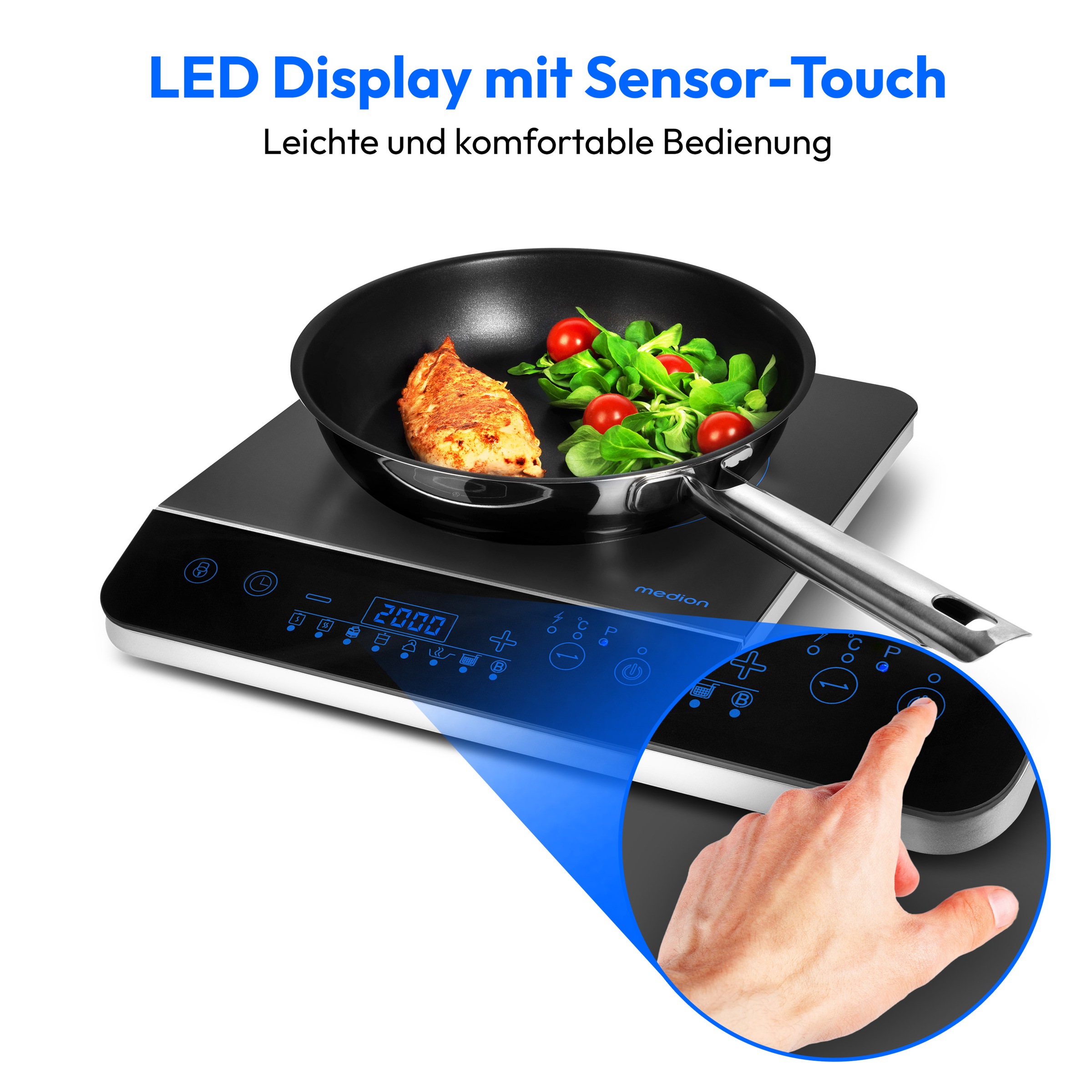 Medion® Einzel-Induktionskochplatte »MD 17595, 2000 W Induktionsleistung, automatische Topferkennung, Timer«, Temperaturbereich 60 - 240°, Sensor-Touch-Display, 10 Leistungsstufen