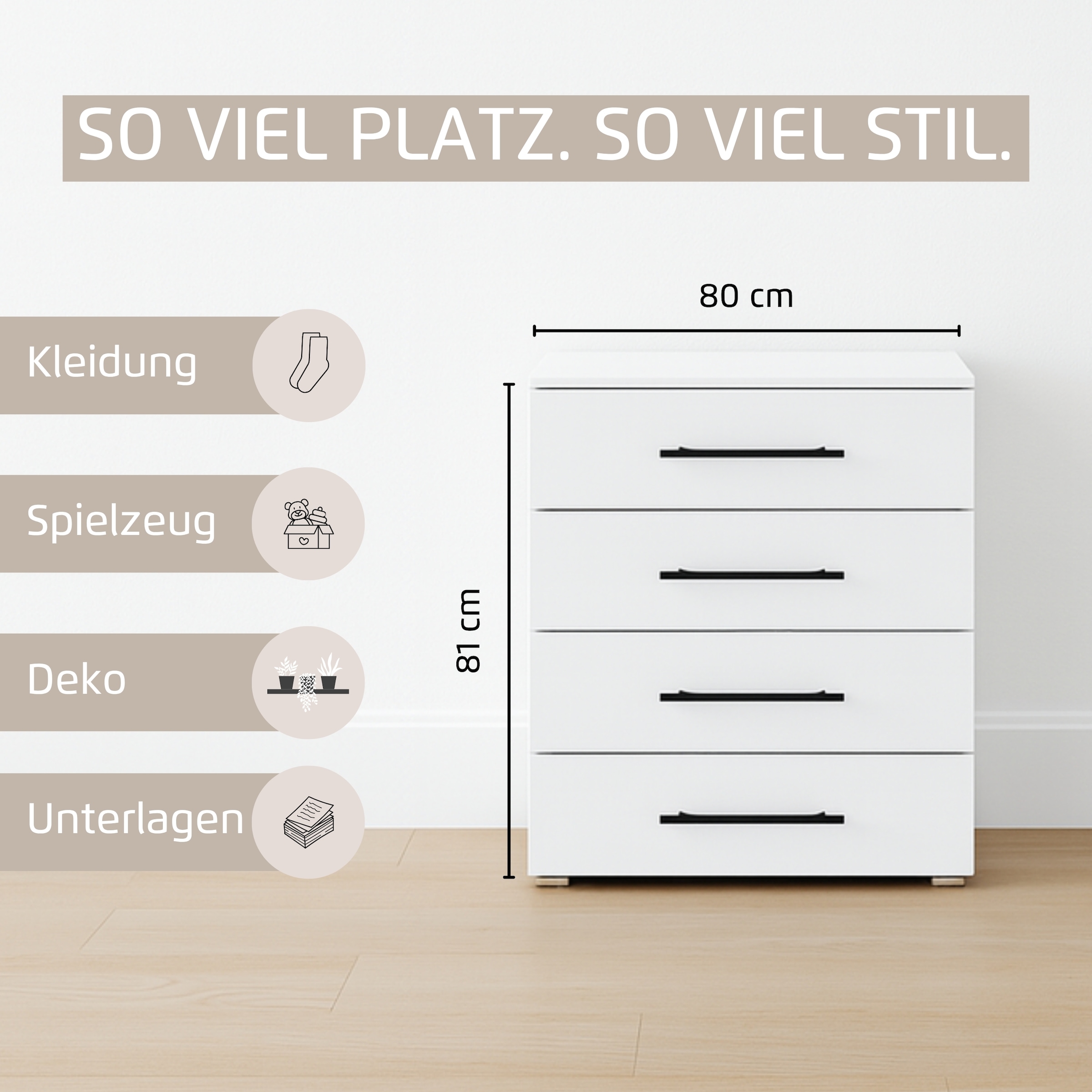 rauch Schubkastenkommode »Avola«, (Breite 80 cm inkl. Soft-Close-Funktion), vier große und geräumige Schubladen mit viel Stauraum MADE IN GERMANY