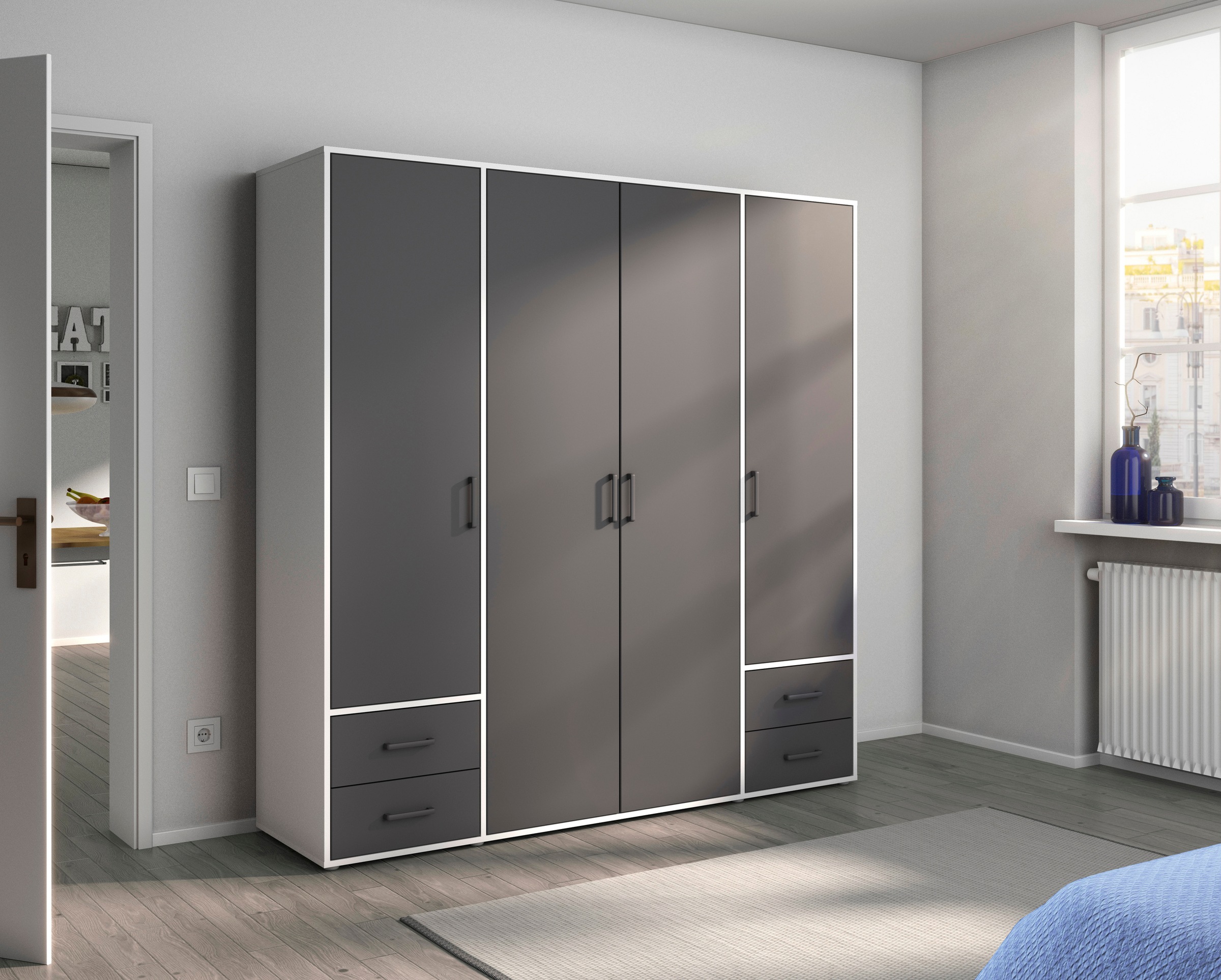 rauch Drehtürenschrank »Kleiderschrank Schrank Garderobe Wäscheschrank VOYAGER«, (in 3 verschiedenen Ausstattungen BASIC/CLASSIC/PREMIUM), moderne Griffe in Graumetallic mit Außenschubkästen MADE IN GERMANY