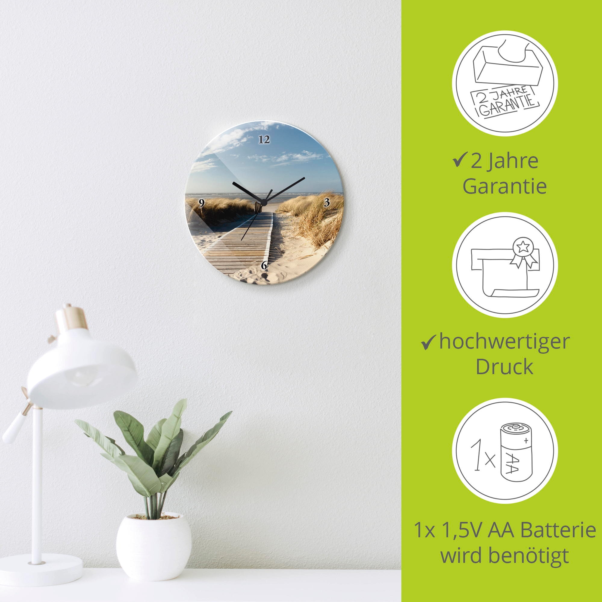 Artland Wanduhr »Nordseestrand auf Langeoog - Steg« wahlweise mit Quarz- oder Funkuhrwerk, lautlos ohne Tickgeräusche