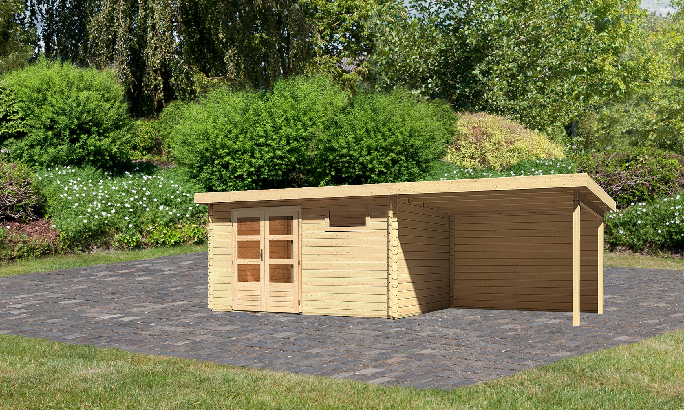 Karibu Gartenhaus »Schloßsee 8«, mit Anbaudach, Rückwand und Fenster