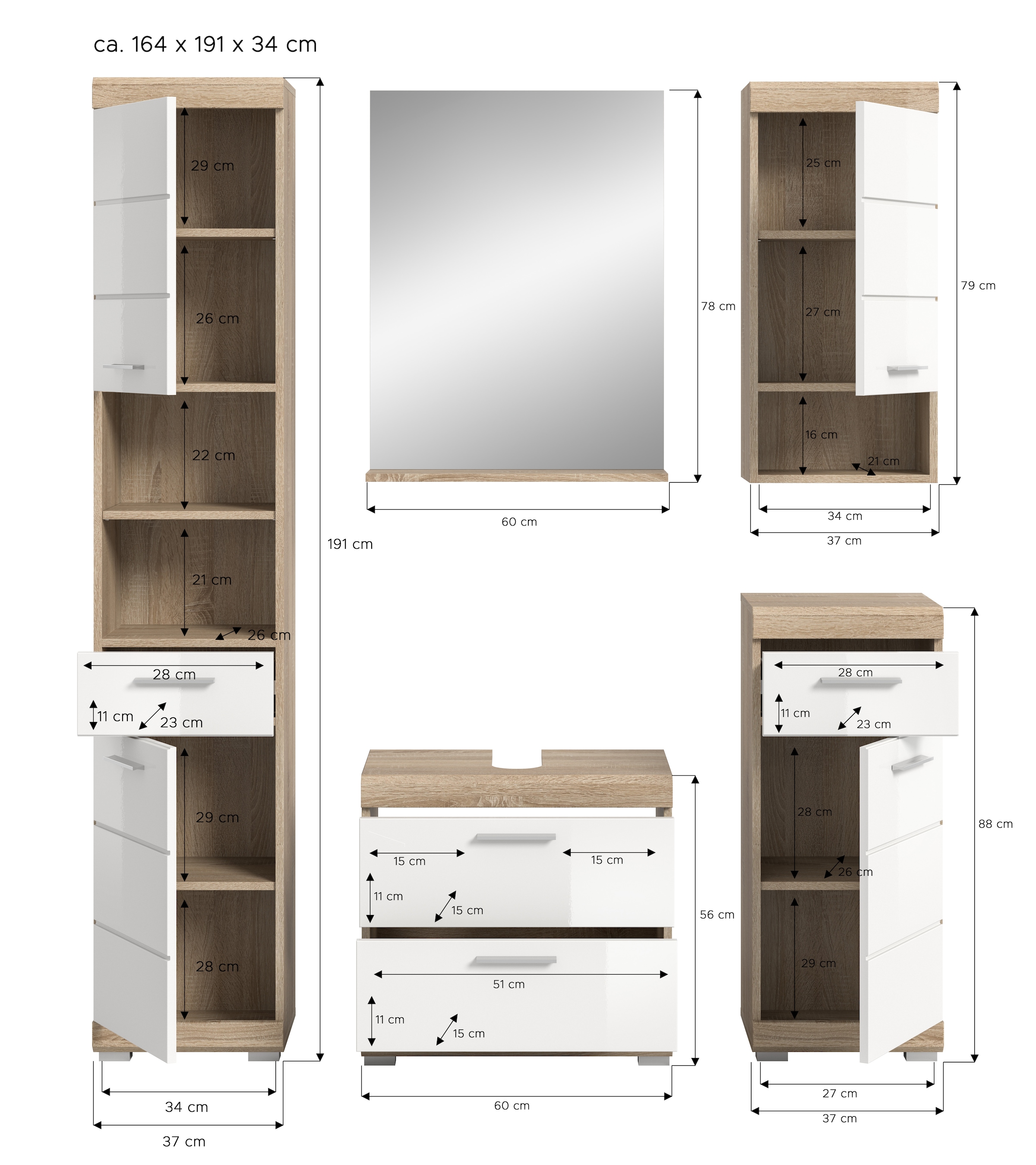 INOSIGN Badmöbel-Set »Siena, 5 teilig, bestehend aus:«, (Set), Hochschrank, WBU, Spiegel, Unterschrank, Hängeschrank