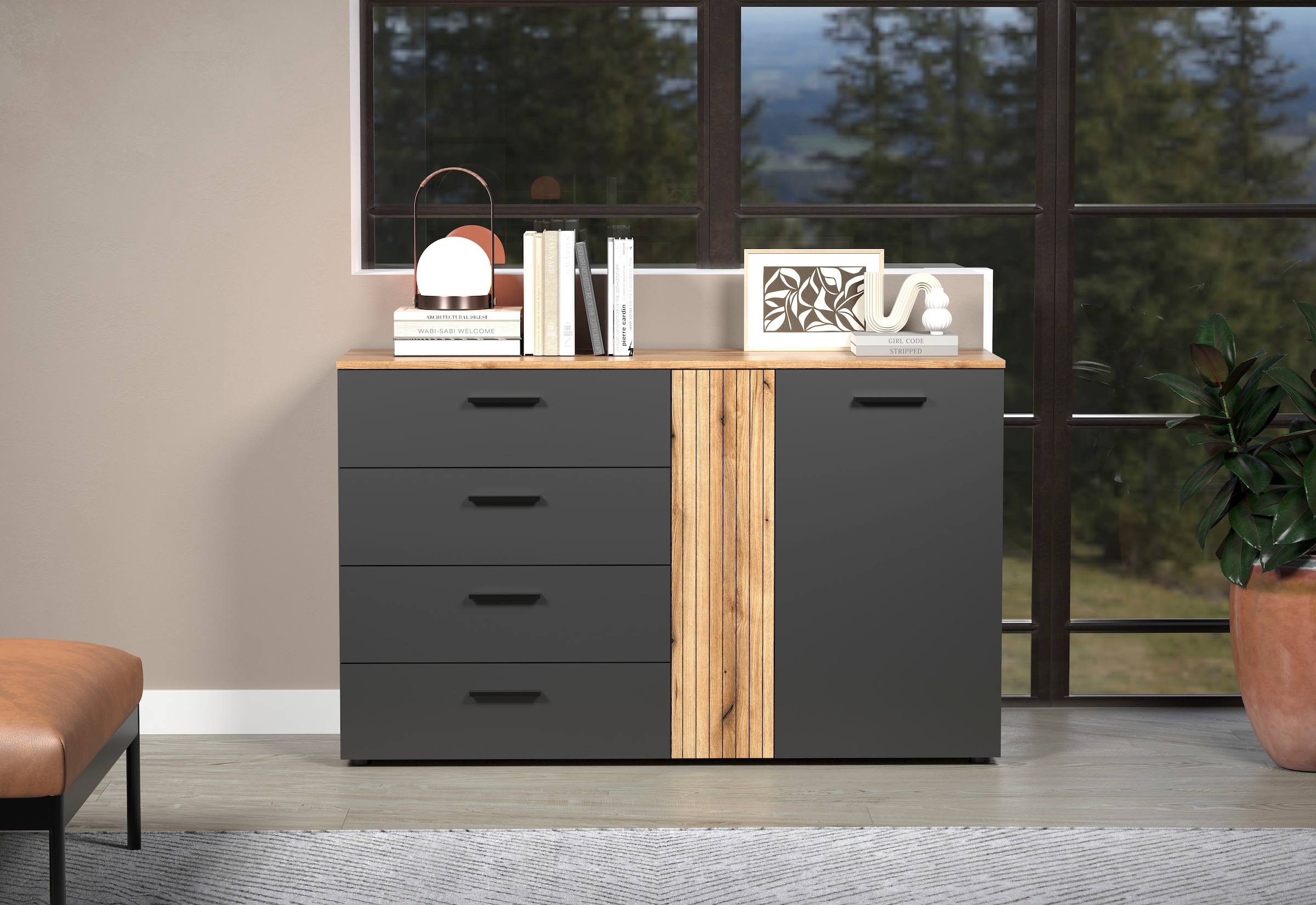 Home affaire Kommode »Estepona« 1 Stk. tlg. Schubladenschrank in Rillenoptik mit Vollauszug-Funktion