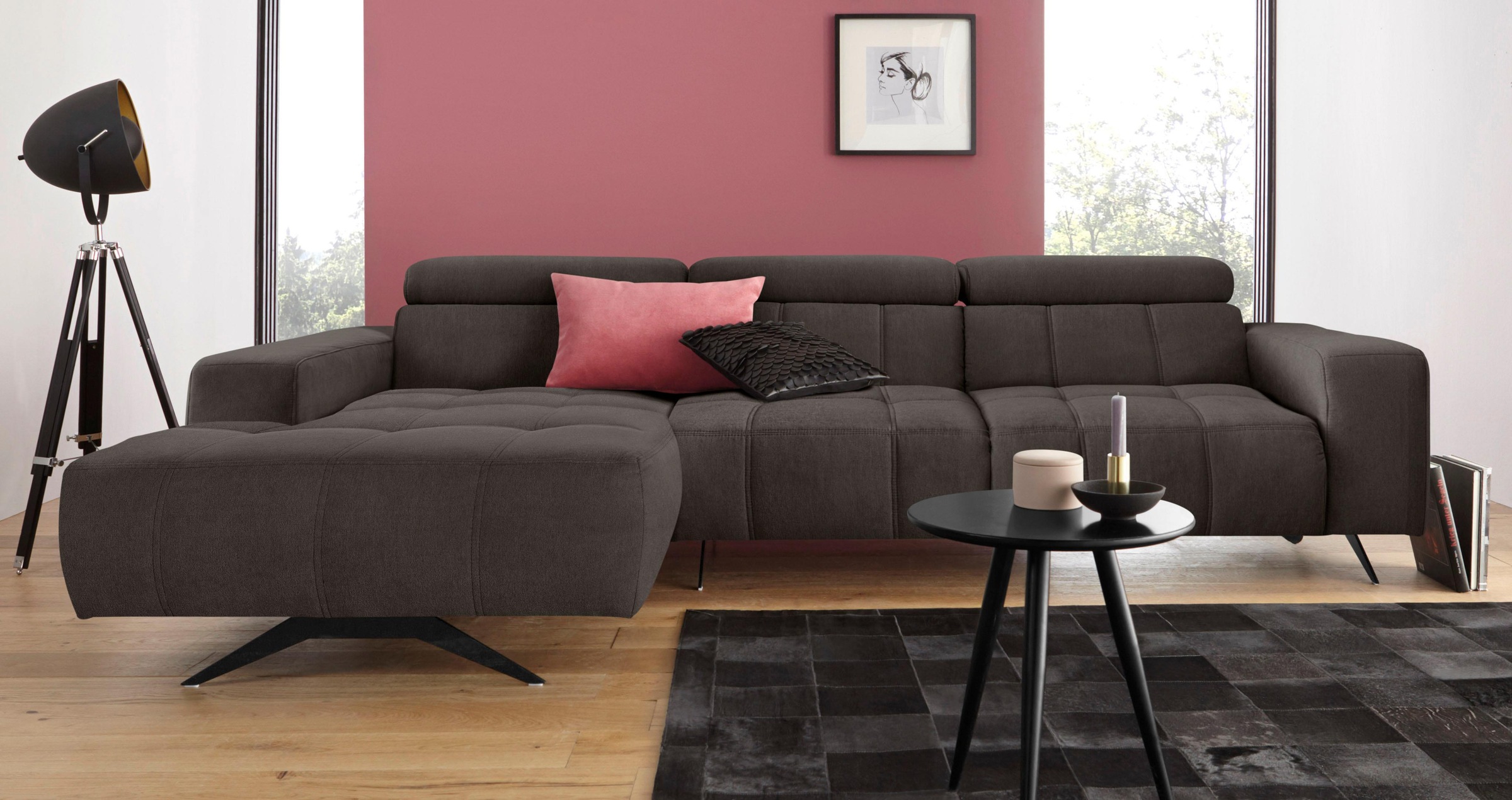 DOMO collection Ecksofa »Trento L-Form, mit Kufenfuß oder Einzelfuß«, wahlweise mit Kopfteilverstellung, Recamiere links/rechts bestellbar