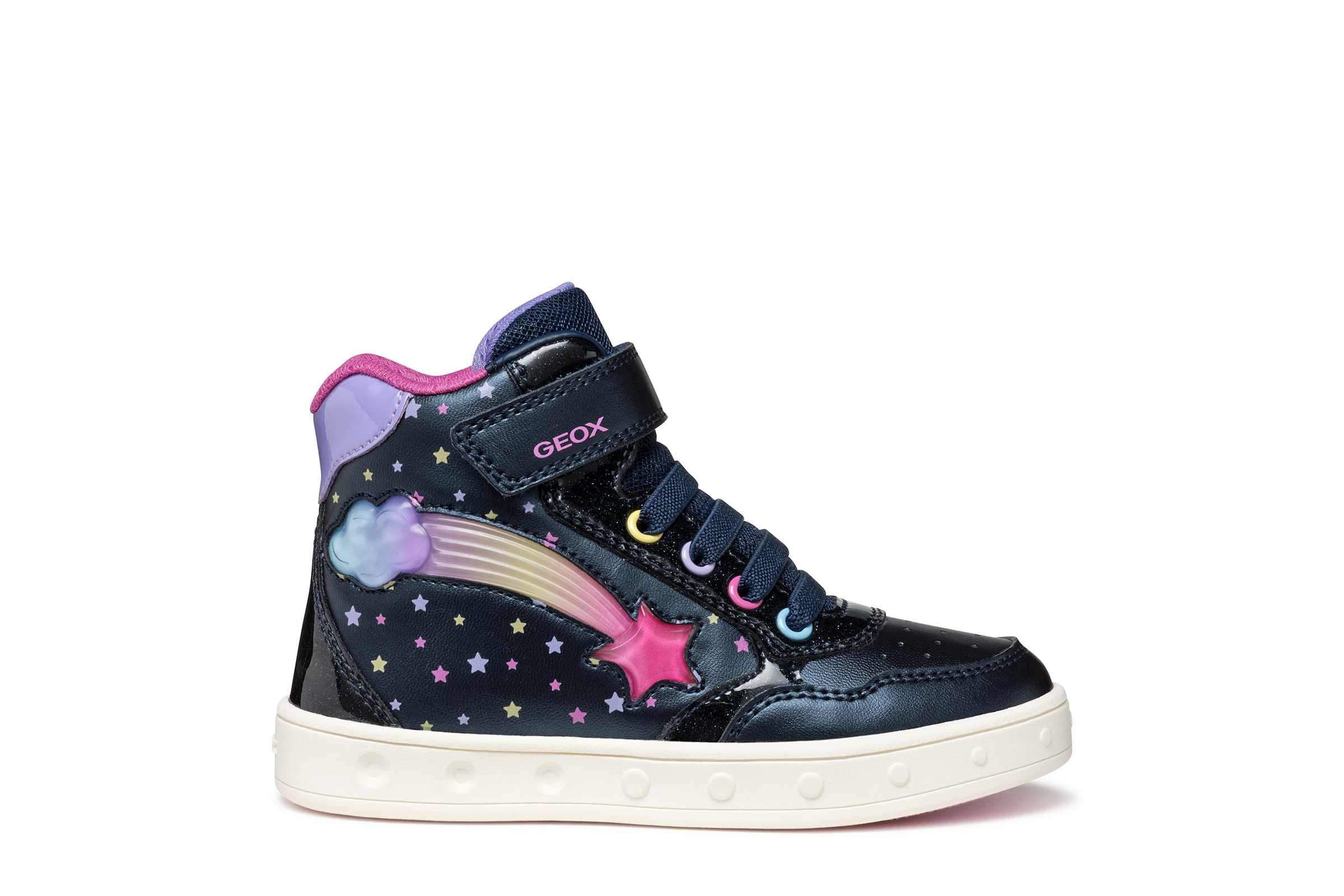 Geox Sneaker »J SKYLIN GIRL Blinkschuh«, Schnürboots, Blinkschuh mit Glitzer und Blinkfunktion