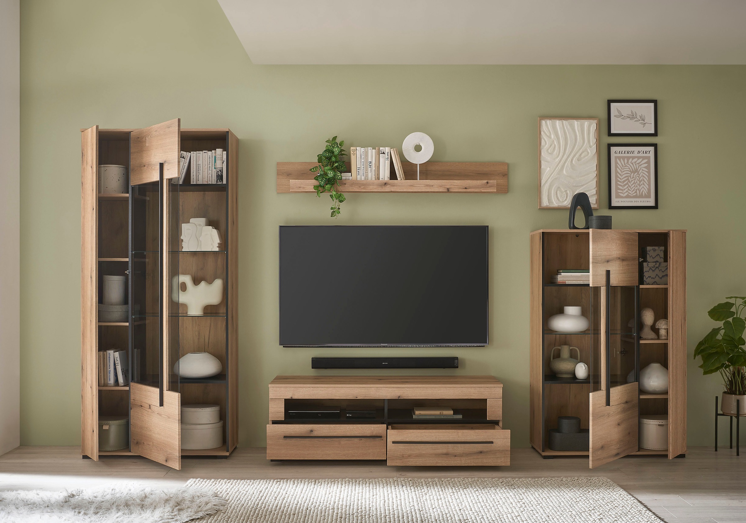 INOSIGN Wohnwand »Cantara, moderne Anbauwand, Wohnzimmer-Set, in Eiche Evoke oder Weiß«, (Set), enthält zwei Vitrinen, ein Lowboard und ein Wandboard