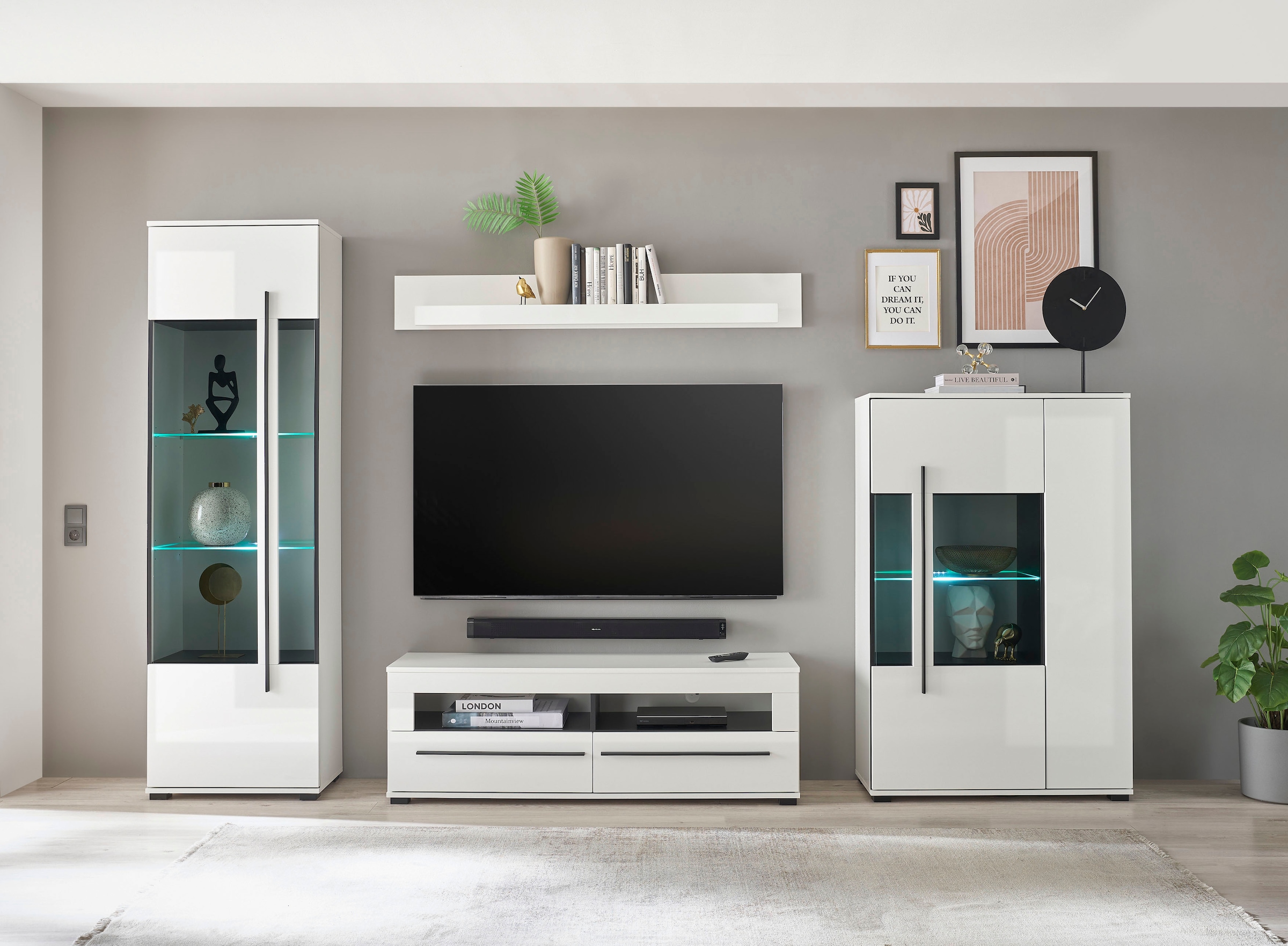 INOSIGN Wohnwand »Cantara, moderne Anbauwand, Wohnzimmer-Set, in Eiche Evoke oder Weiß«, (Set), enthält zwei Vitrinen, ein Lowboard und ein Wandboard
