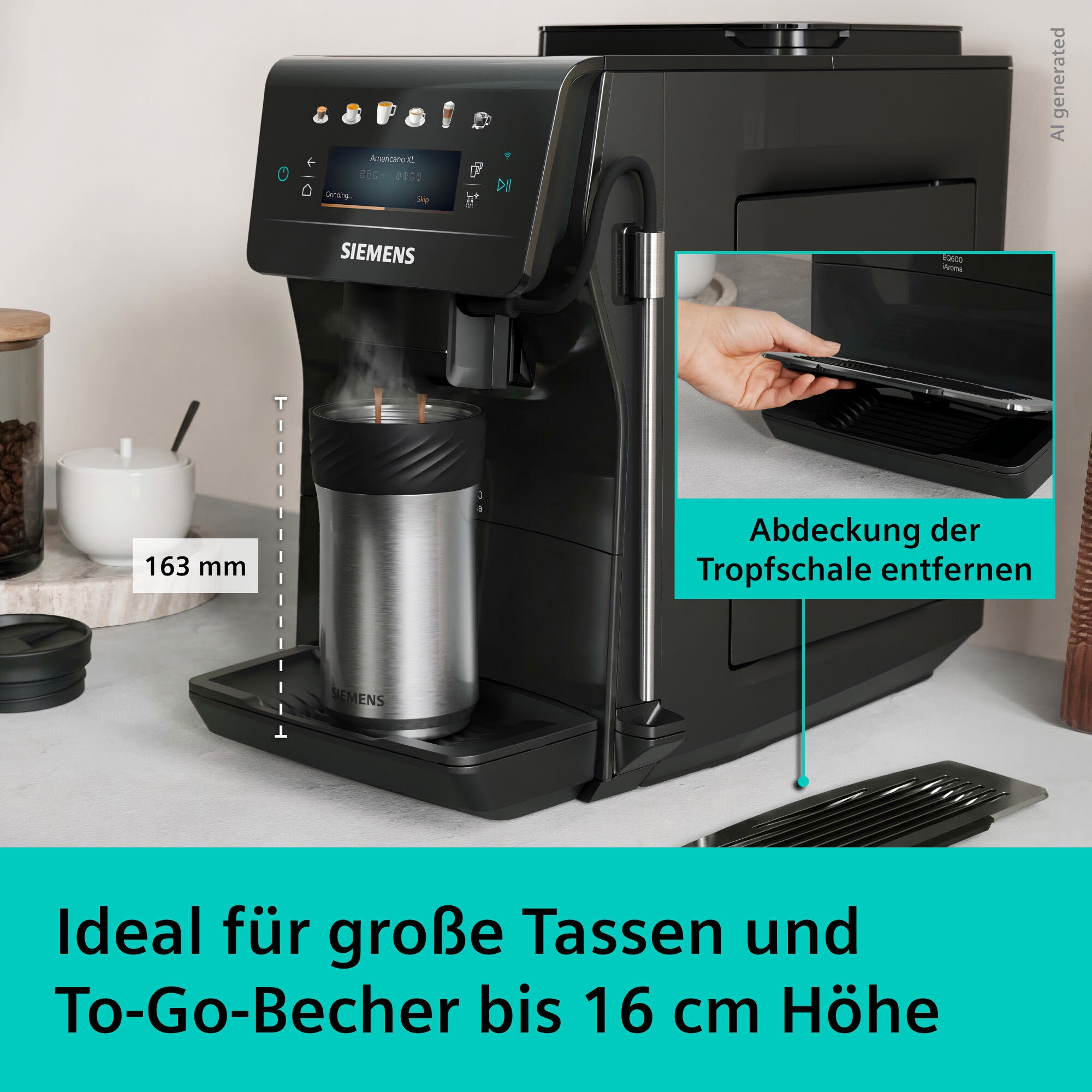 SIEMENS Kaffeevollautomat »EQ600 TP601E09, 6 Getränke, XL-Getränke, bis zu 480ml, Kannenfunktion« Doppeltassenfunktion,Keramikmahlwerk, entnehmbare Brüheinheit, Schwarz