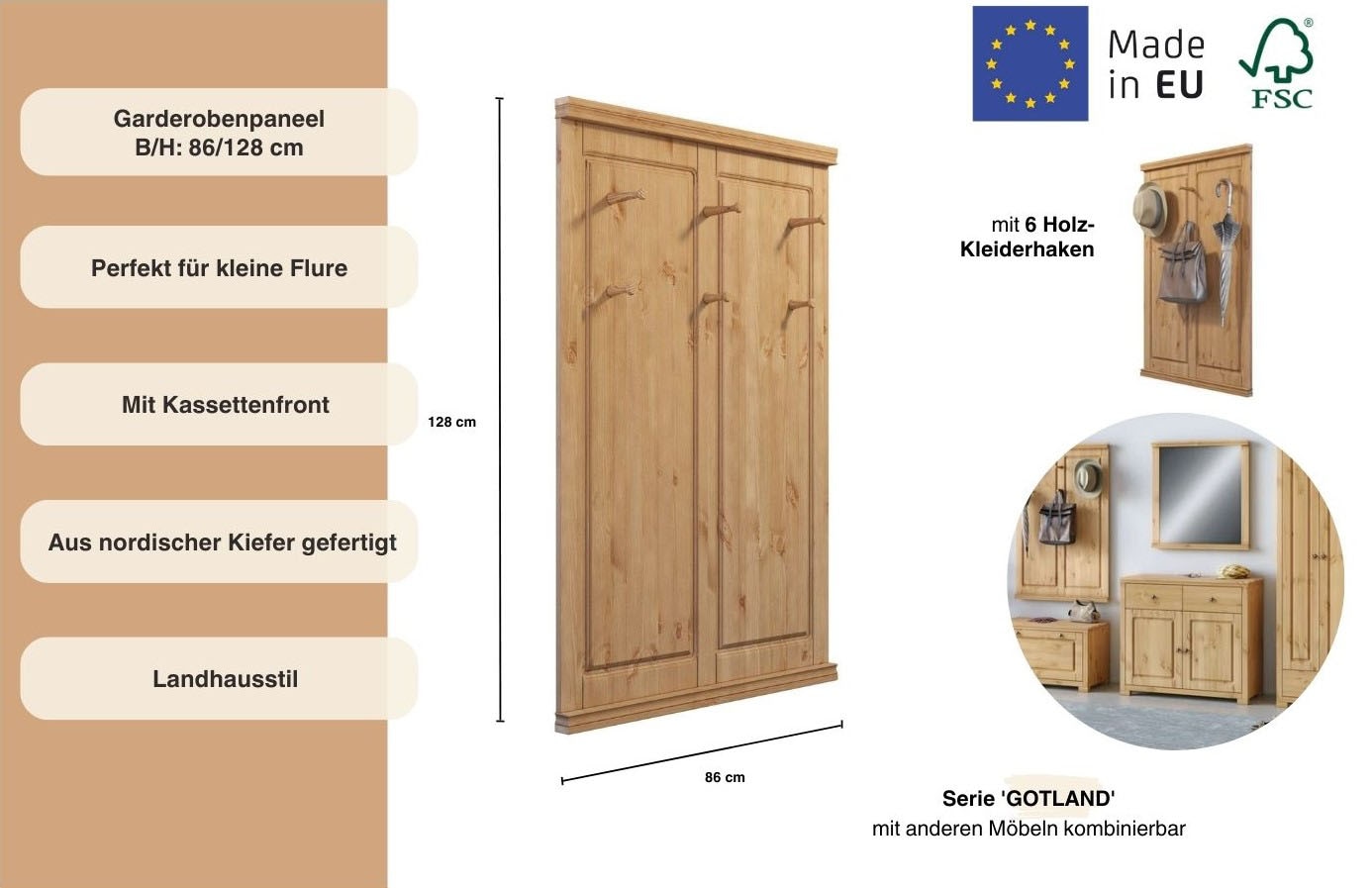 Home affaire Garderobenpaneel »Gotland«, aus massiver Kiefer, FSC®-zertifiziert, mit 6 Haken, 85 cm breit