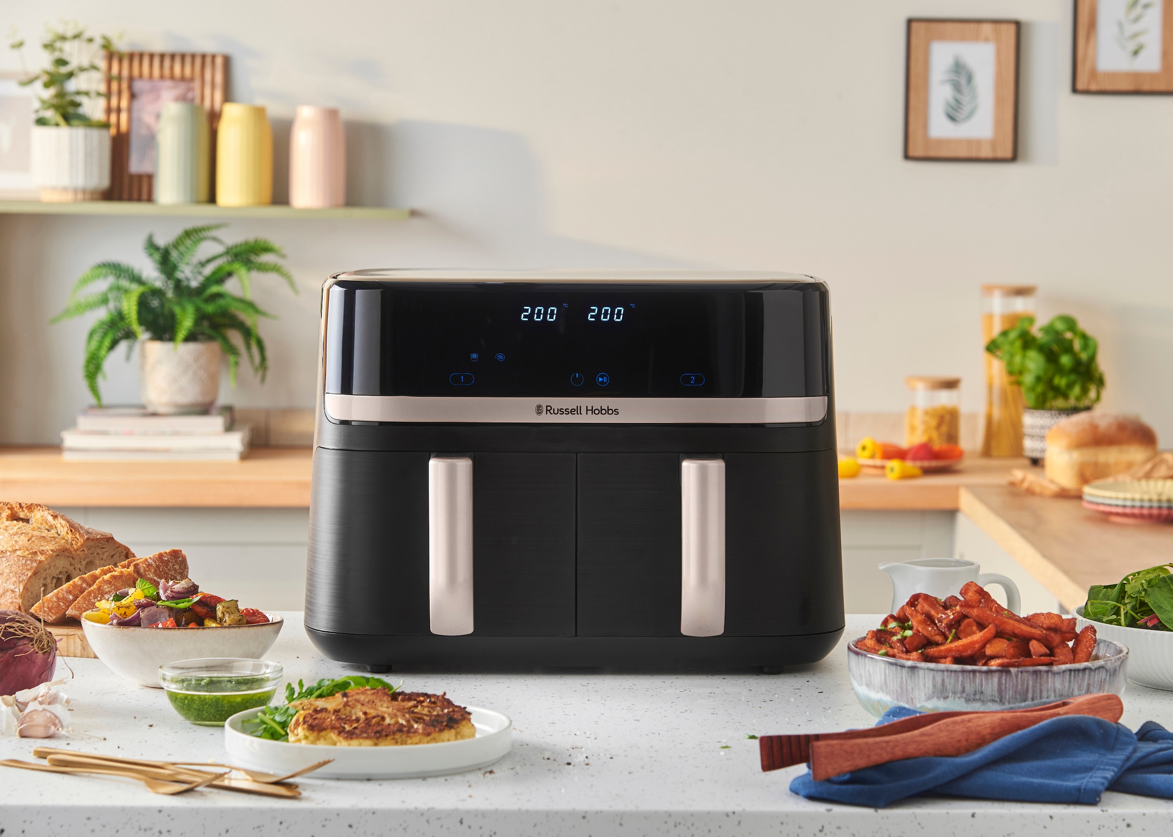 RUSSELL HOBBS Heißluftfritteuse »27680-56 s SatisFryTM Dual basket, 4,5L«, 2800 W, Airfryer–wenig oder kein Öl erforderlich, 9 Programme, 9 L