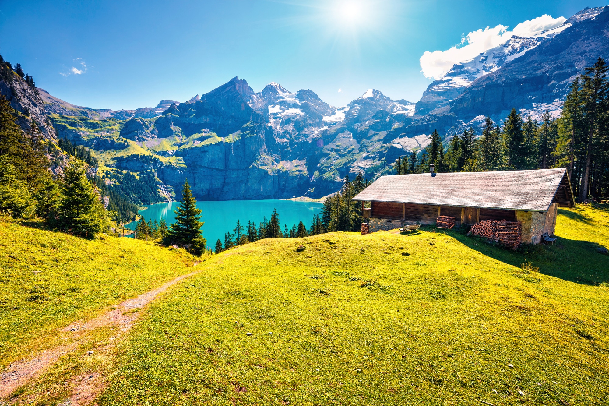 Papermoon Fototapete »ALPEN-SEE UND WIESE-SCHWEIZ« günstig online kaufen