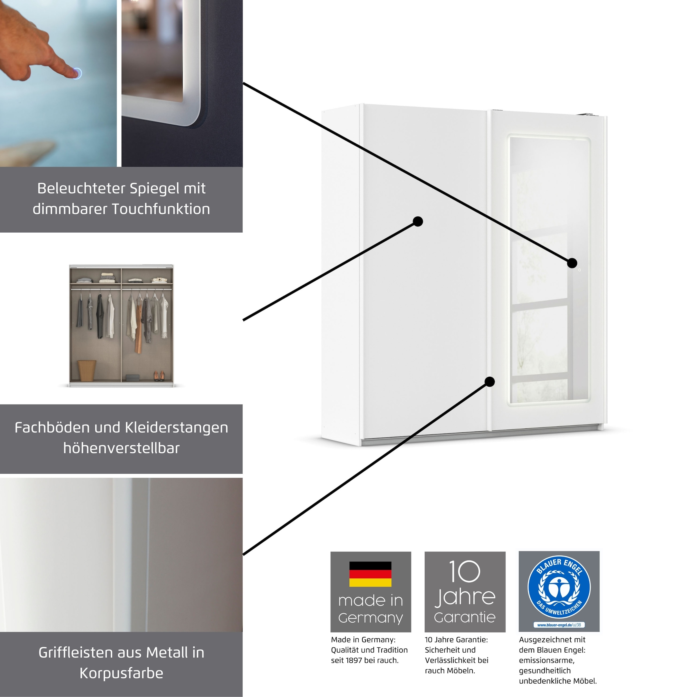 rauch Schwebetürenschrank »Kleiderschrank Schrank Garderobe Wäscheschrank ABRAXXAS«, mit Spiegel und integrierter dimmbarer LED-Beleuchtung MADE IN GERMANY