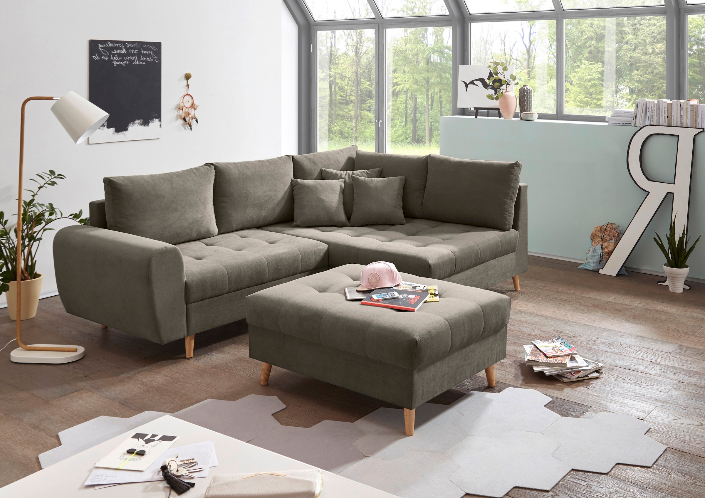 ED EXCITING DESIGN Ecksofa »Alice L-Form« mit Hocker & 3 Zierkissen günstig online kaufen