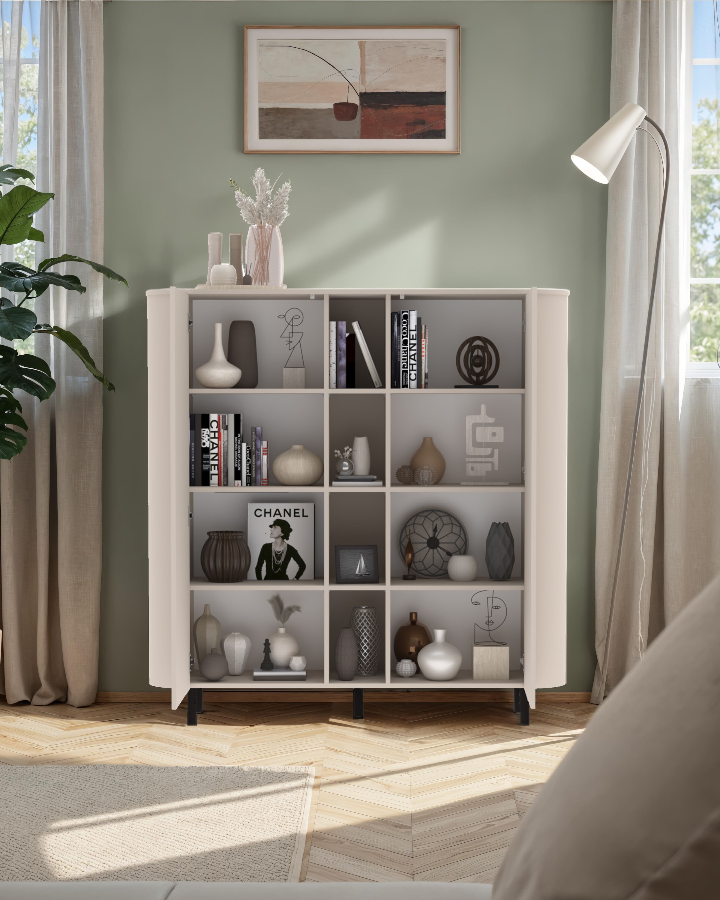 INOSIGN Highboard »Lido, B/H 150/154 cm, 2 Türen, 4 offene Fächer, Stauraumschrank« Formgebogenes MDF, Stirnseiten mit Rundung, Push-to-open, Metallfüße