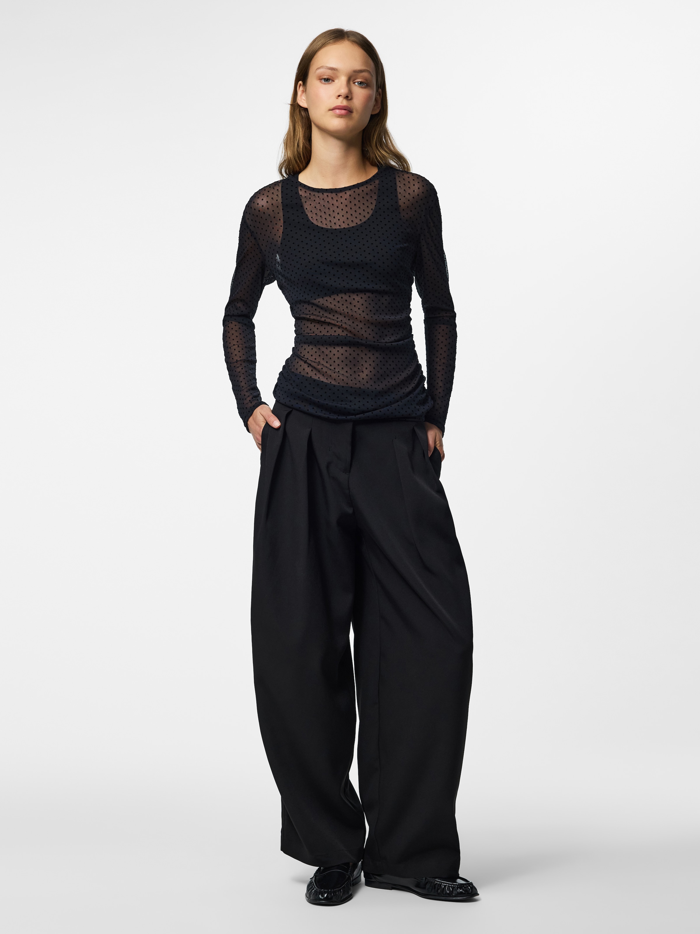 pieces Langarmshirt »PCBOBO LS MESH ROUCHING TOP JRS NOOS« Kunstfaser, transparente Meshqualität